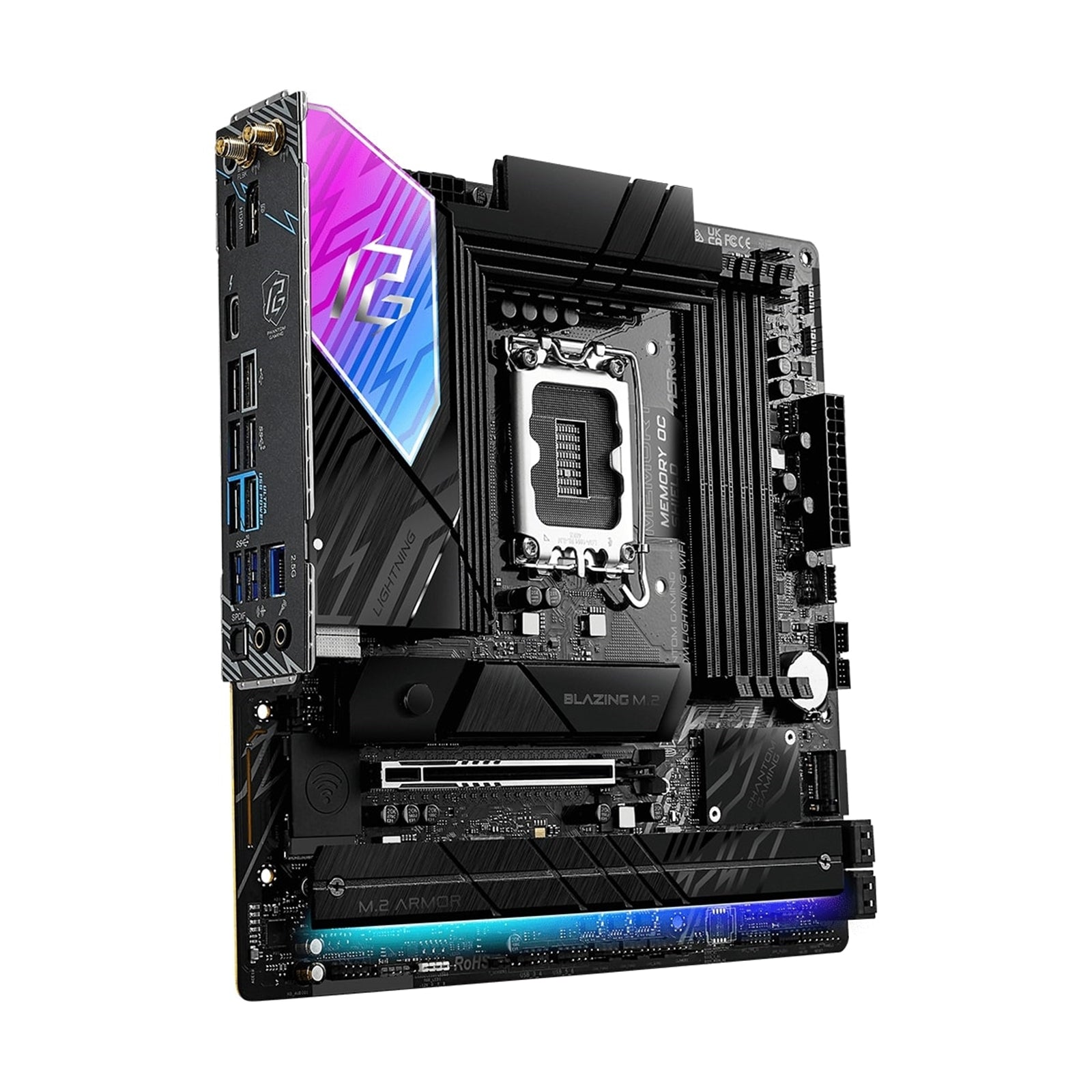 ASRock B860M Lightning WiFi PHANTOM GAMING Intel 1851 Socket Motherboard, Micro-ATX, 4x DDR5 Slots, 4x M.2 Sockets, 2x USB-C Port, Fitted I/O Shield, 2.5GbE LAN, Wi-Fi 6E, 1x DisplayPort / 1x HDMI / 1x USB-C (USB4)