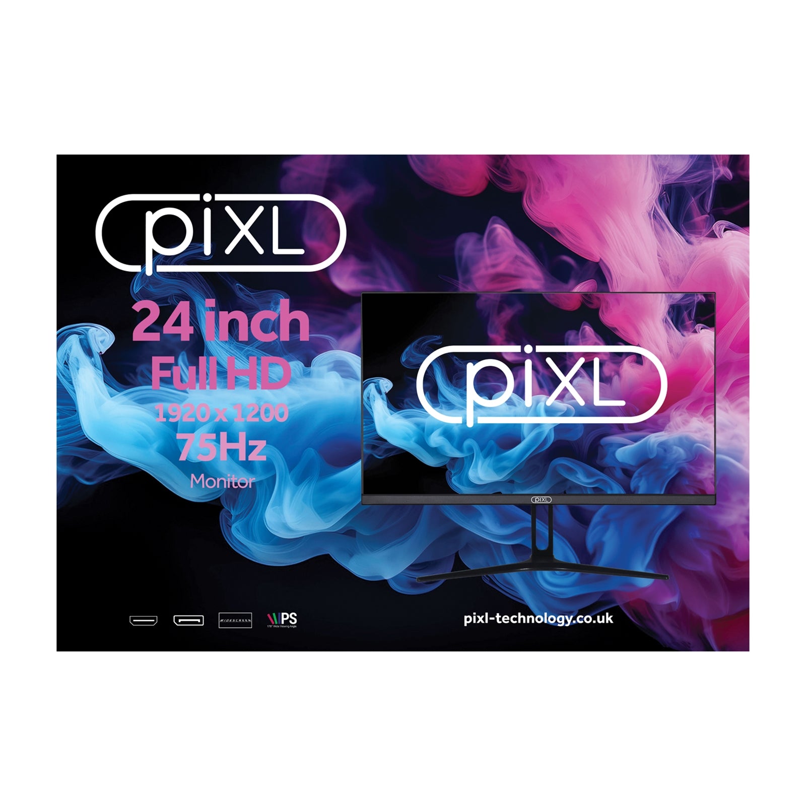piXL PX24IDHFP 24 Inch Frameless Monitor, Widescreen IPS LCD Panel, 5ms Response Time, 75Hz Refresh Rate, Full HD 1920 x 1200, HDMI, DisplayPort, Internal PSU, 16.7 Million Colour Support, Black Finish, 3 Year Warranty