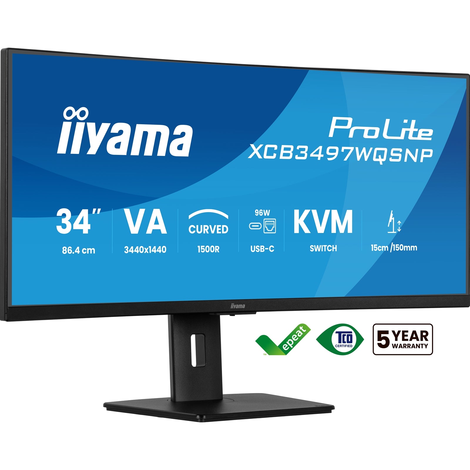 iiyama ProLite Curved Monitor XCB3497WQSNP-B1 34" VA Ultra-Wide Screen with KVM Switch, LAN, USB-C Dock, 0.4ms, 120Hz, HDMI, DisplayPort, Speakers, Height Adjustment