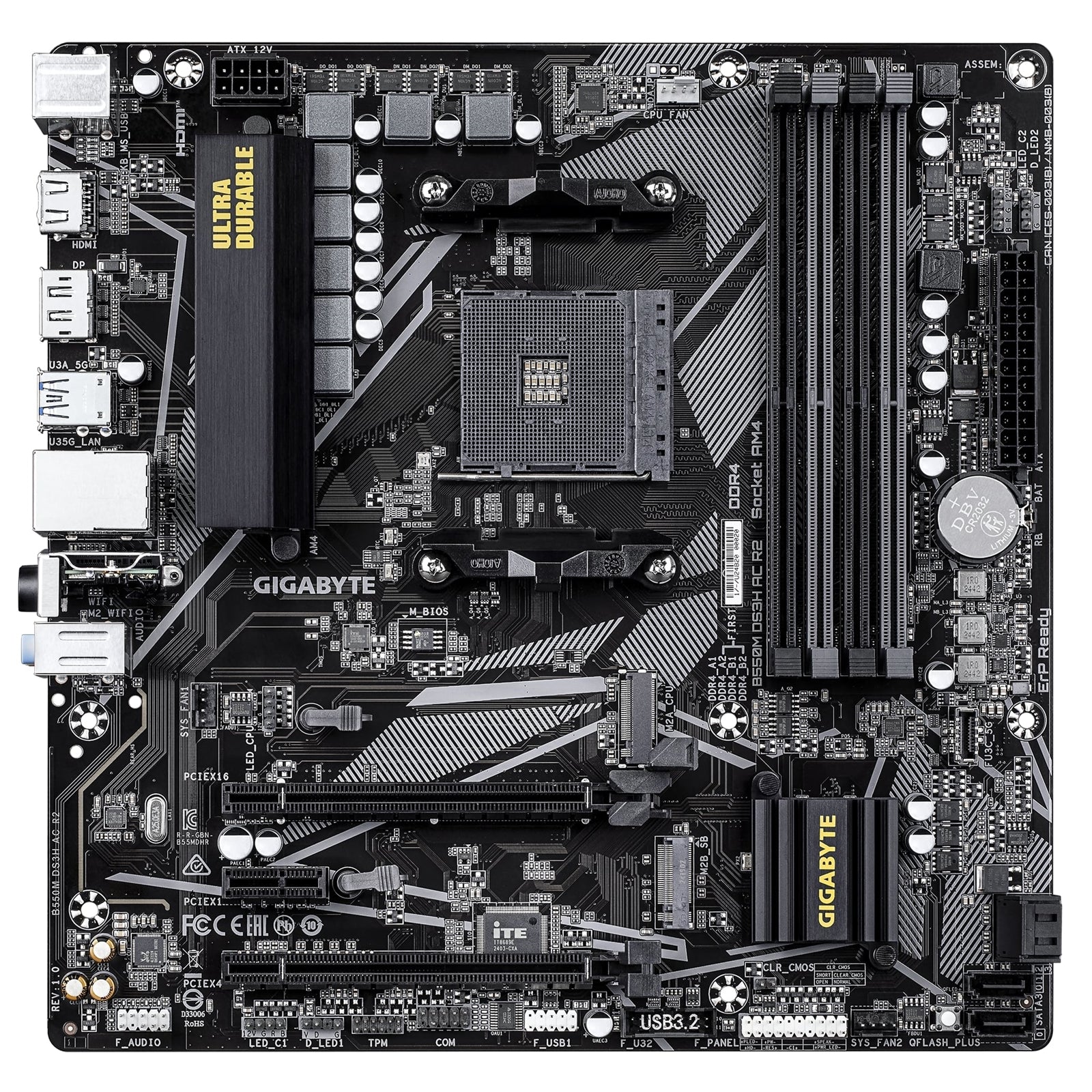Gigabyte B550M DS3H AC R2 AMD AM4 Socket Micro ATX WiFi 6 Motherboard, Dual Channel DDR4, 4x DIMMS, 2x M.2 slots, including PCIe 4.0 x1