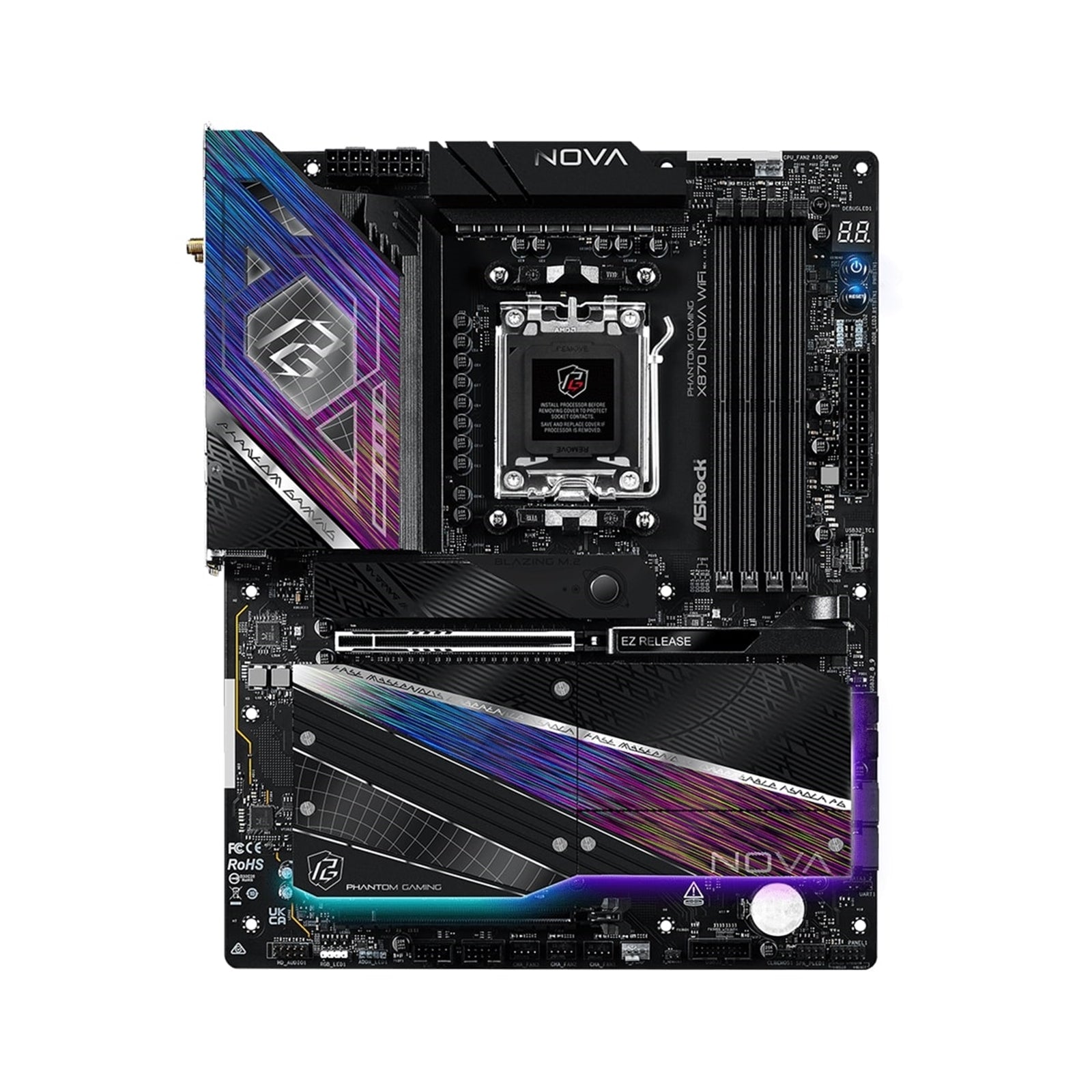 Asrock PHANTOM GAMING X870 Nova WiFi AMD Socket AM5 Motherboard, 4 x DDR5 DIMM Slots, 1 x Vertical M.2 Socket, 2 x USB4 Type-C, 5G LAN, 802.11be Wi-Fi 7 Module, 1 x HDMI Port