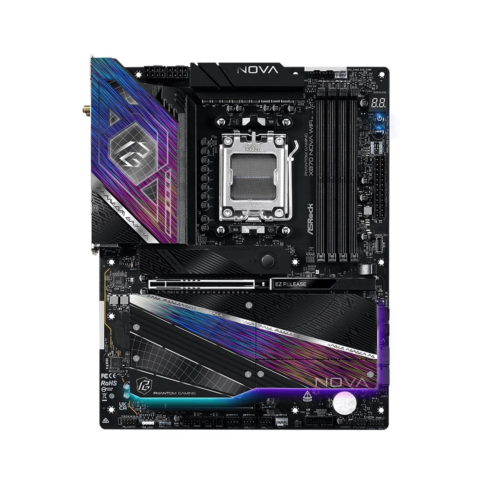 Asrock PHANTOM GAMING X870 Nova WiFi AMD Socket AM5 Motherboard, 4 x DDR5 DIMM Slots, 1 x Vertical M.2 Socket, 2 x USB4 Type-C, 5G LAN, 802.11be Wi-Fi 7 Module, 1 x HDMI Port