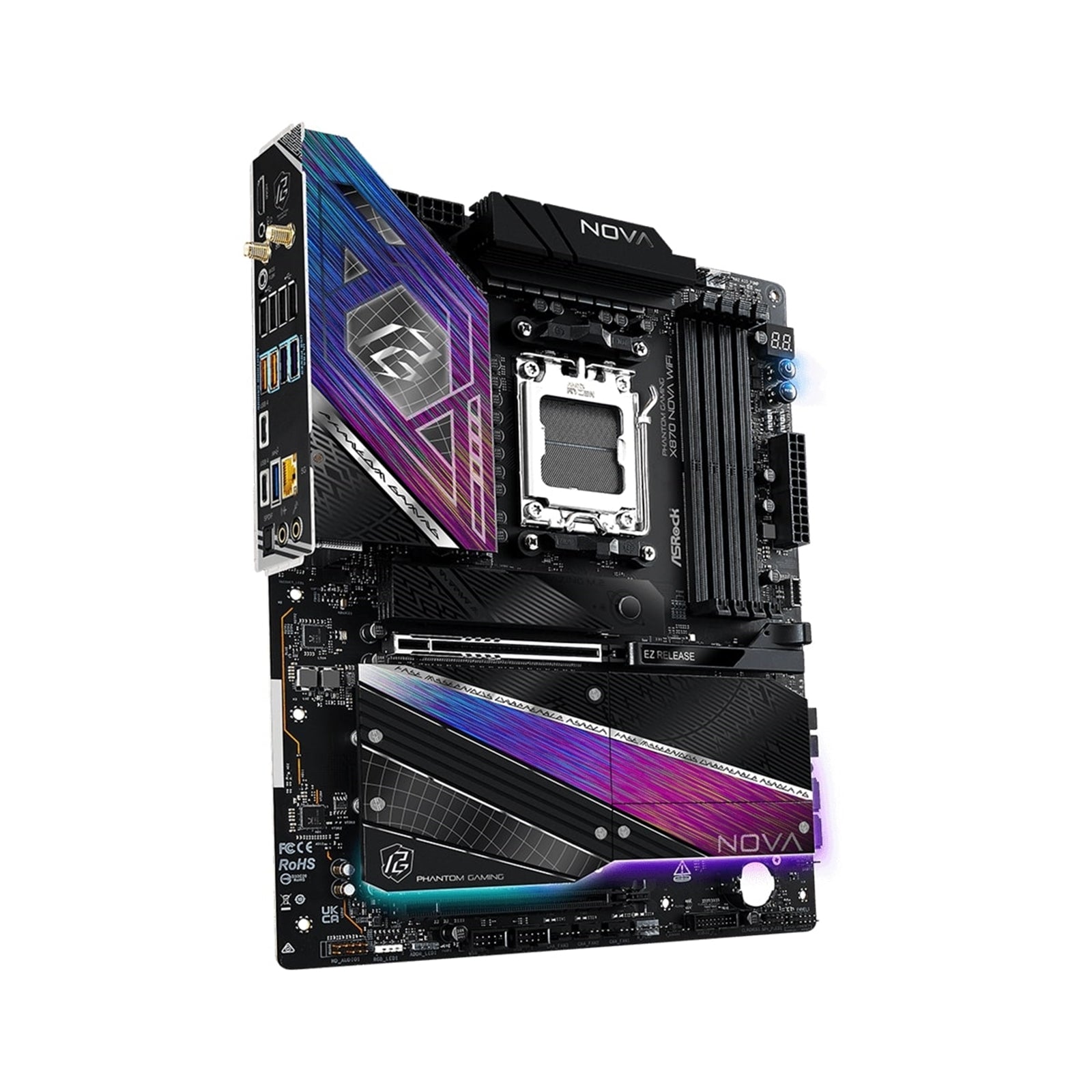 Asrock PHANTOM GAMING X870 Nova WiFi AMD Socket AM5 Motherboard, 4 x DDR5 DIMM Slots, 1 x Vertical M.2 Socket, 2 x USB4 Type-C, 5G LAN, 802.11be Wi-Fi 7 Module, 1 x HDMI Port