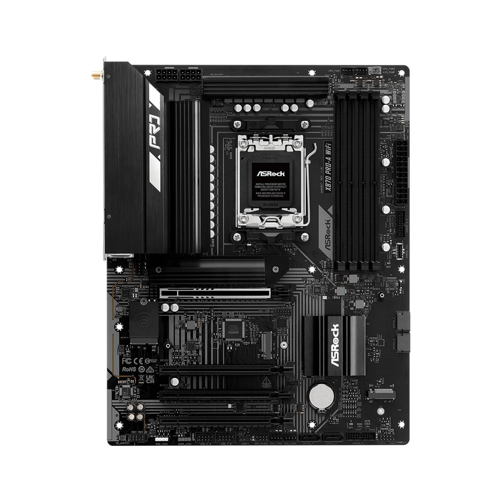 ASRock X870 Pro-A WiFi AMD AM5 Socket Motherboard, 4 x DDR5 DIMM Slots, 1 x M.2 Socket (Key E), 2 x USB4 Type-C, 2.5G LAN, 802.11be Wi-Fi 7 Module, 1 x HDMI Port
