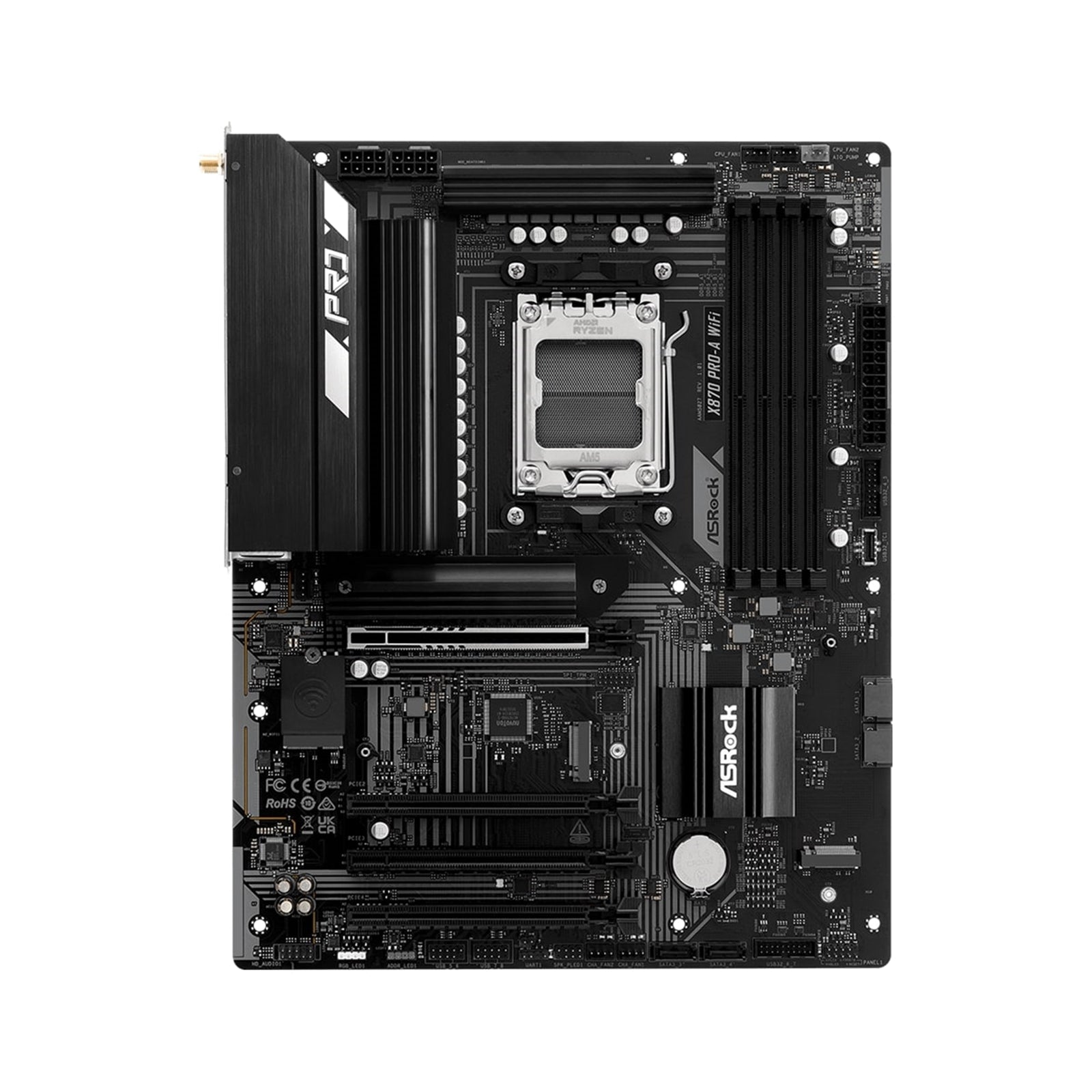 ASRock X870 Pro-A WiFi AMD AM5 Socket Motherboard, 4 x DDR5 DIMM Slots, 1 x M.2 Socket (Key E), 2 x USB4 Type-C, 2.5G LAN, 802.11be Wi-Fi 7 Module, 1 x HDMI Port