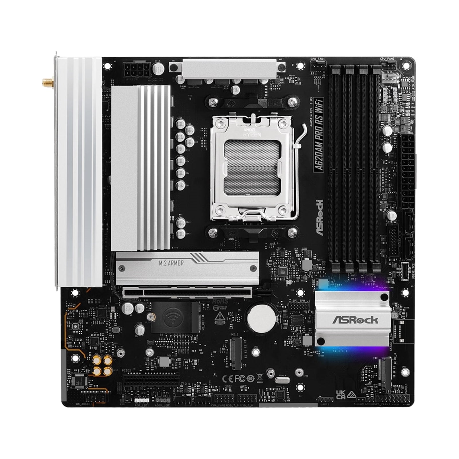 ASRock A620AM Pro RS WiFi AMD Socket AM5 Motherboard, 4 x DDR5 DIMM Slots, 1 x M.2 Socket (Key E), 2 x USB 3.2 Type-C, 2.5G LAN, 802.11axe Wi-Fi 6E Module, 1 x HDMI Port/ 1 x Display Port