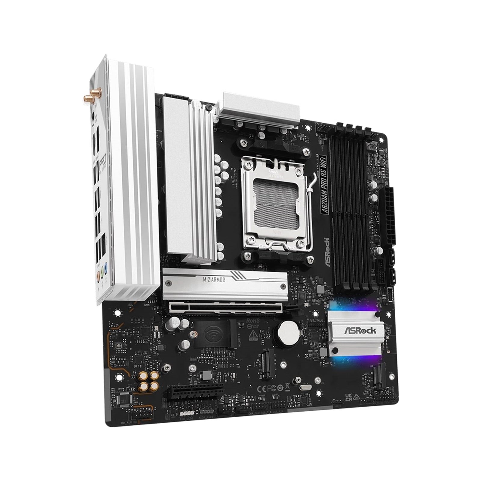 ASRock A620AM Pro RS WiFi AMD Socket AM5 Motherboard, 4 x DDR5 DIMM Slots, 1 x M.2 Socket (Key E), 2 x USB 3.2 Type-C, 2.5G LAN, 802.11axe Wi-Fi 6E Module, 1 x HDMI Port/ 1 x Display Port