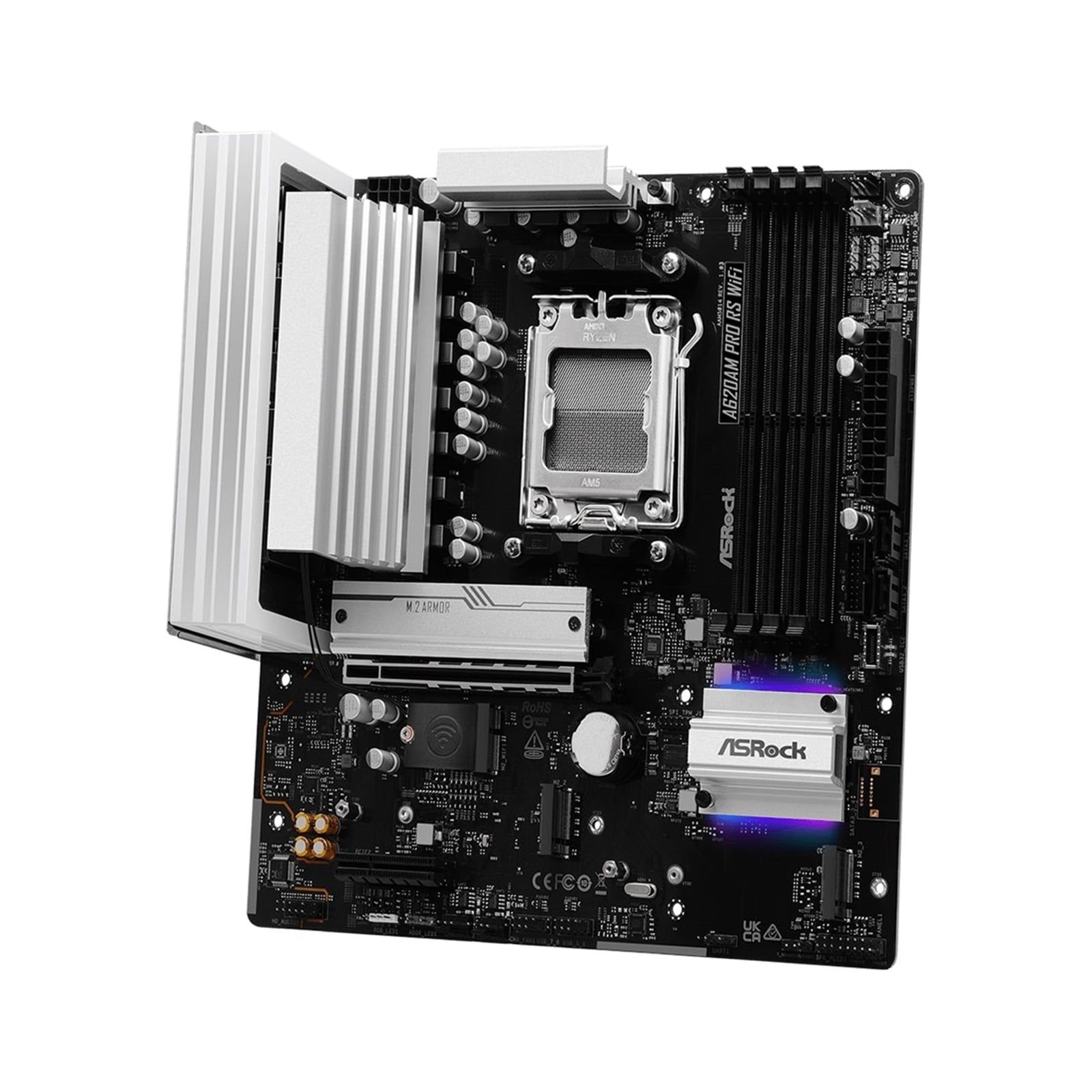 ASRock A620AM Pro RS WiFi AMD Socket AM5 Motherboard, 4 x DDR5 DIMM Slots, 1 x M.2 Socket (Key E), 2 x USB 3.2 Type-C, 2.5G LAN, 802.11axe Wi-Fi 6E Module, 1 x HDMI Port/ 1 x Display Port