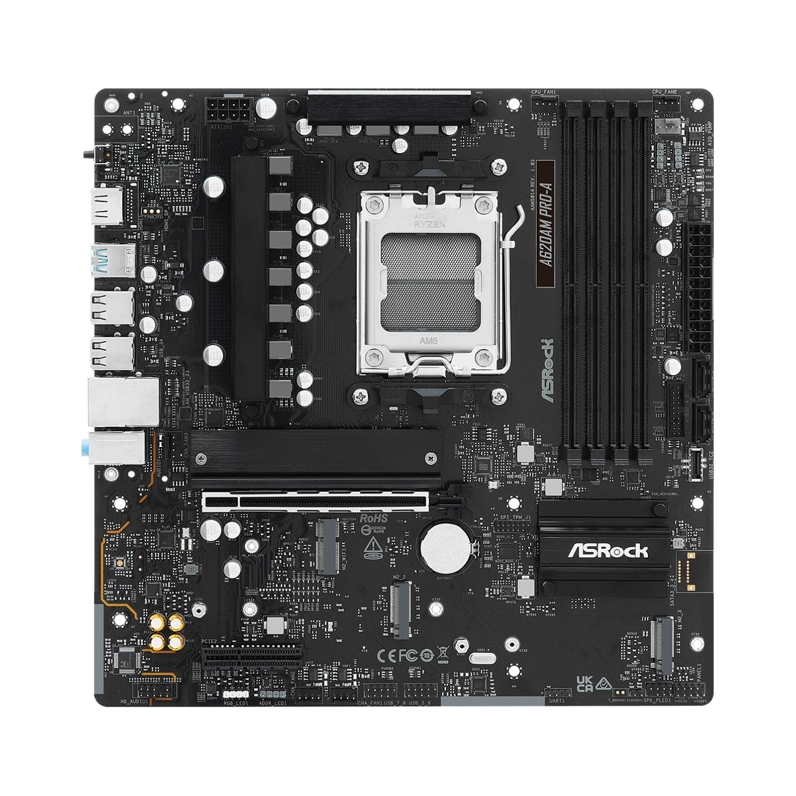 ASRock A620AM PRO-A  AMD Socket AM5 Motherboard, 4 x DDR5 DIMM Slots, 1 x M.2 Socket (Key E), 2 x USB 3.2 Type-C, 2.5G LAN, 1 x HDMI Port