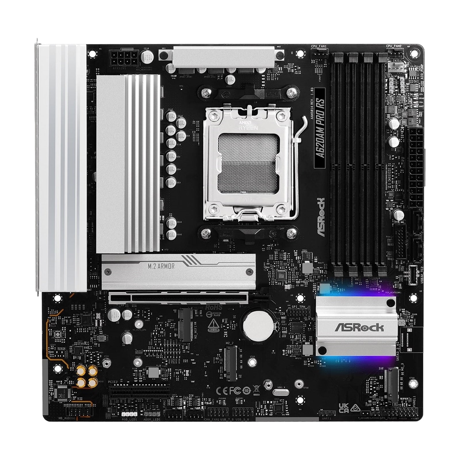 ASRock A620AM PRO RS AMD Socket AM5 Motherboard, 4 x DDR5 DIMM Slots, 1 x M.2 Socket (Key E), 2 x USB 3.2 Type-C, 2.5G LAN, 1 x HDMI Port/ 1 x Display Port