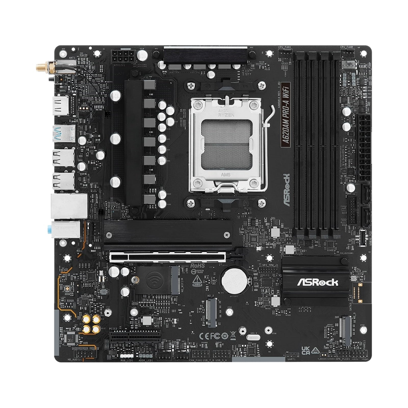 ASRock A620AM PRO-A WIFI AMD Socket AM5 Motherboard, 4 x DDR5 DIMM Slots, 1 x M.2 Socket (Key E), 2 x USB 3.2 Type-C, 2.5G LAN, 802.11axe Wi-Fi 6E Module, 1 x HDMI Port