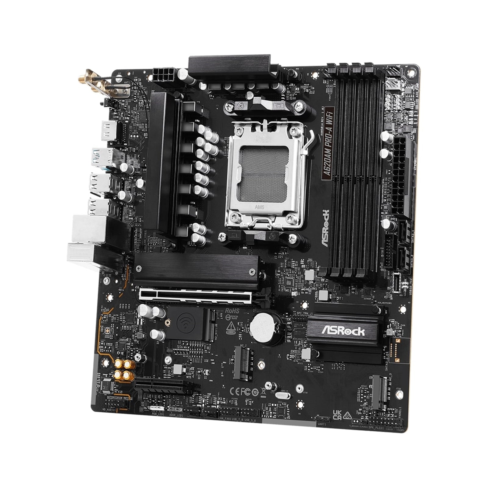 ASRock A620AM PRO-A WIFI AMD Socket AM5 Motherboard, 4 x DDR5 DIMM Slots, 1 x M.2 Socket (Key E), 2 x USB 3.2 Type-C, 2.5G LAN, 802.11axe Wi-Fi 6E Module, 1 x HDMI Port