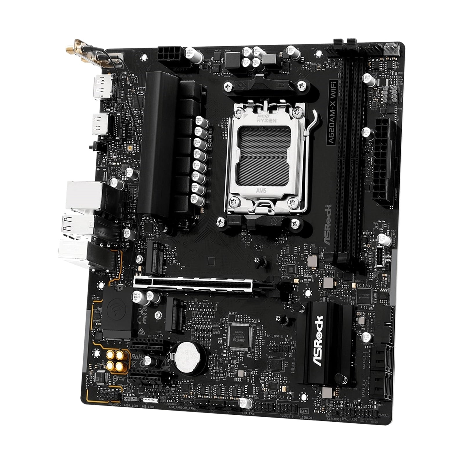 ASRock A620AM-X WIFI AMD Socket AM5 Motherboard, 2 x DDR5 DIMM Slots, 1 x M.2 Socket (Key E), 2 x USB 3.2 Type-C, 2.5G LAN, 802.11ac Wi-Fi Module, 1 x HDMI Port/ 1 x Display Port