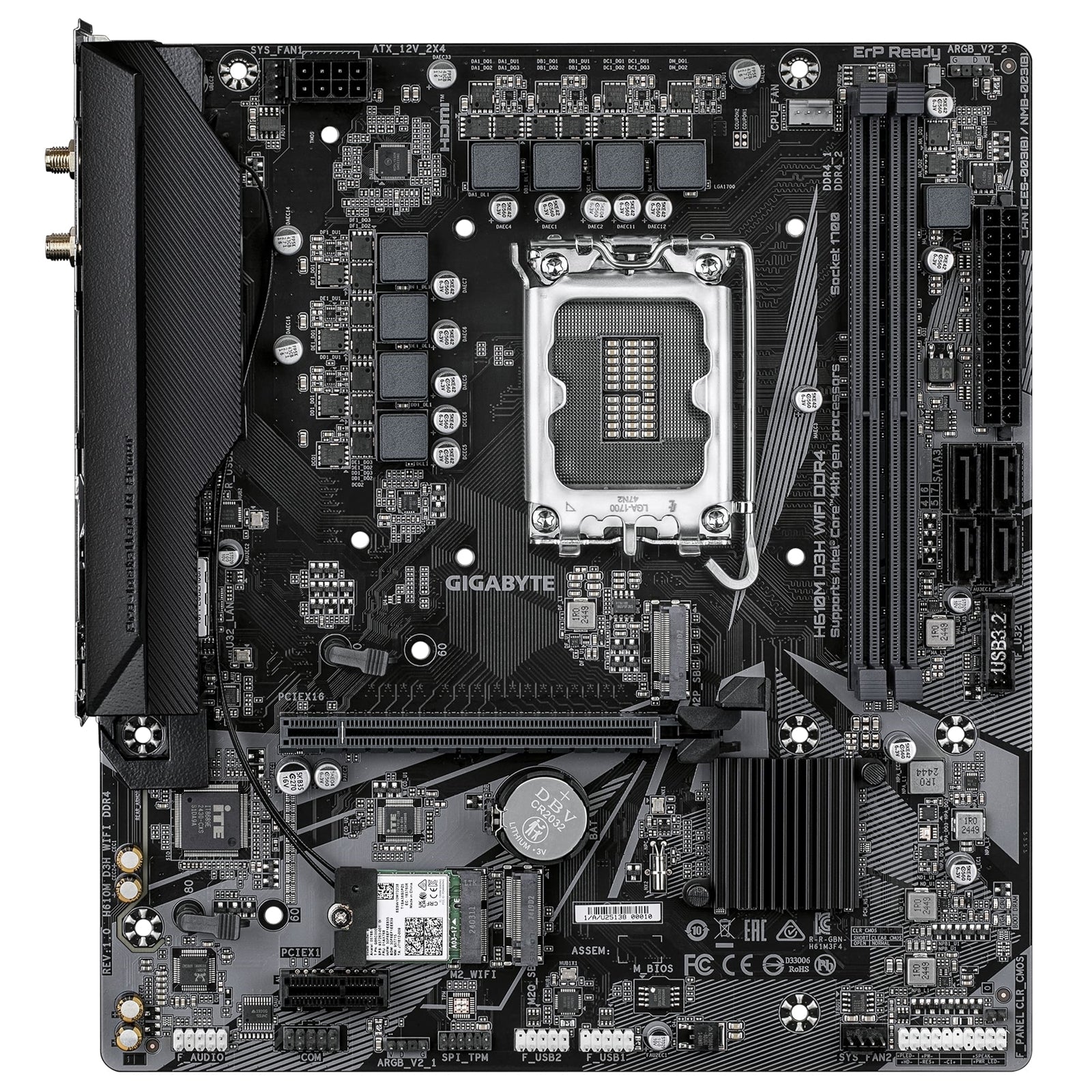 Gigabyte H610M D3H WIFI DDR4 Intel 1700 Socket Motherboard, Micro-ATX, 2x DDR4 Slots, 2x M.2 Socket, GbE LAN, Wi-Fi 5, 1x HDMI Port