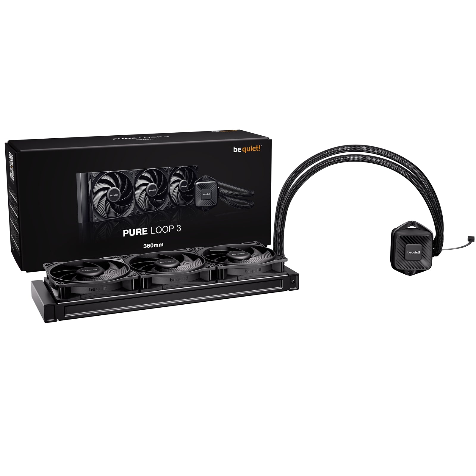be quiet! Pure Loop 3 Liquid CPU Cooler, Universal Socket, 360mm Radiator, 3 x Pure Wings 3 120mm PWM High Speed, 3-year manufacurer's warranty.