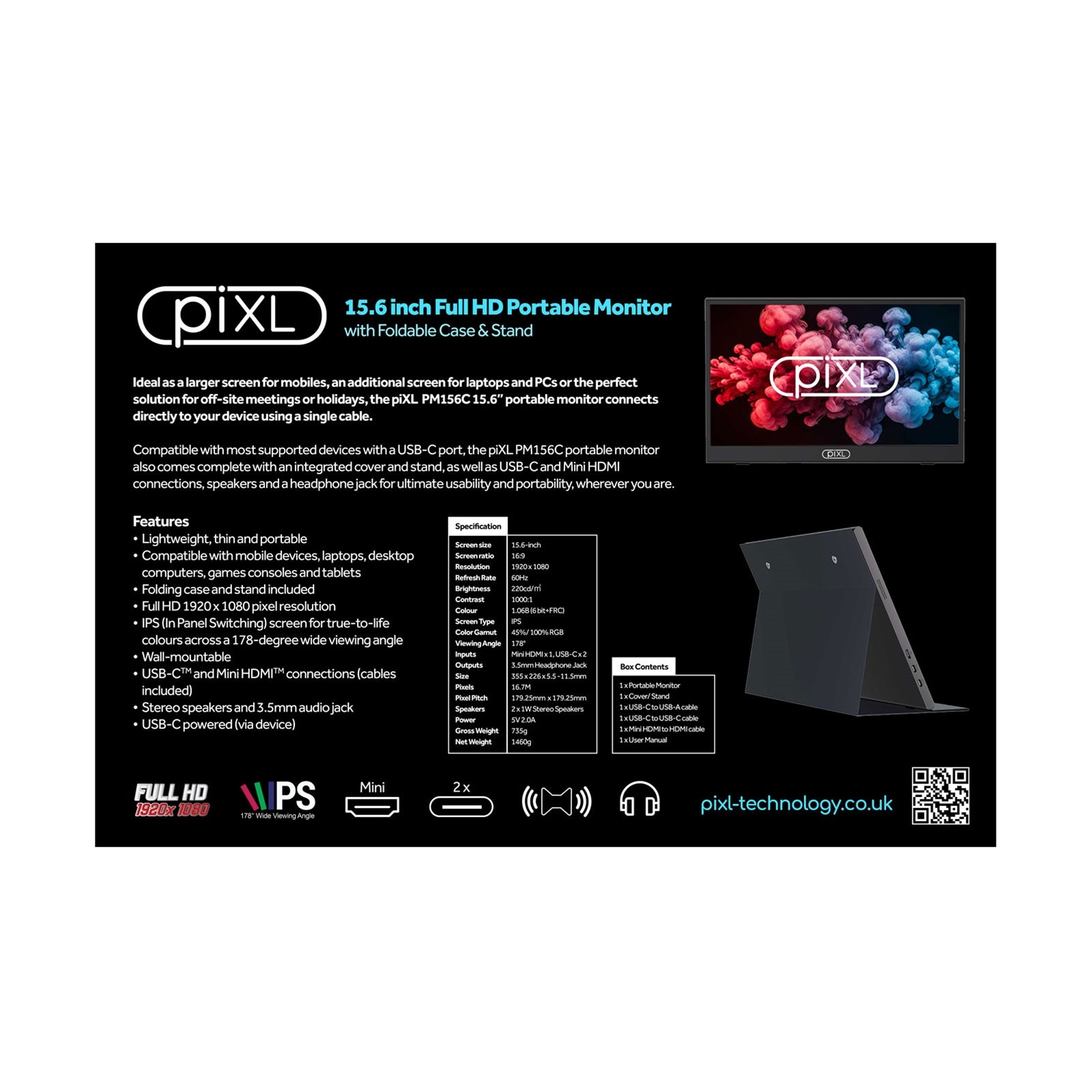 piXL PM156C 15.6 Inch Full HD 60Hz IPS Portable Monitor with USB-C, Mini HDMI & Speakers with Foldable Case & Stand