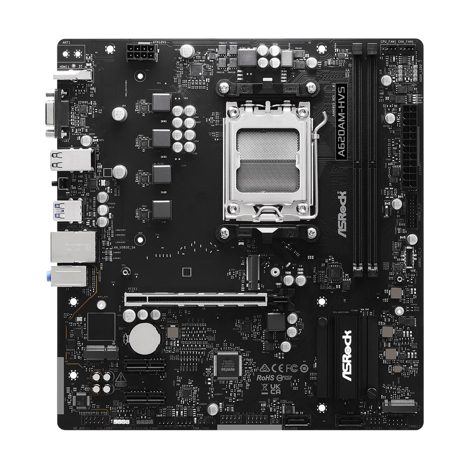 ASRock A620AM-HVS AMD AM5 Socket Motherboard, Micro-ATX, 2x DDR5 Slots, 1x M.2 Socket, GbE LAN, 1x D-Sub / 1x HDMI Port