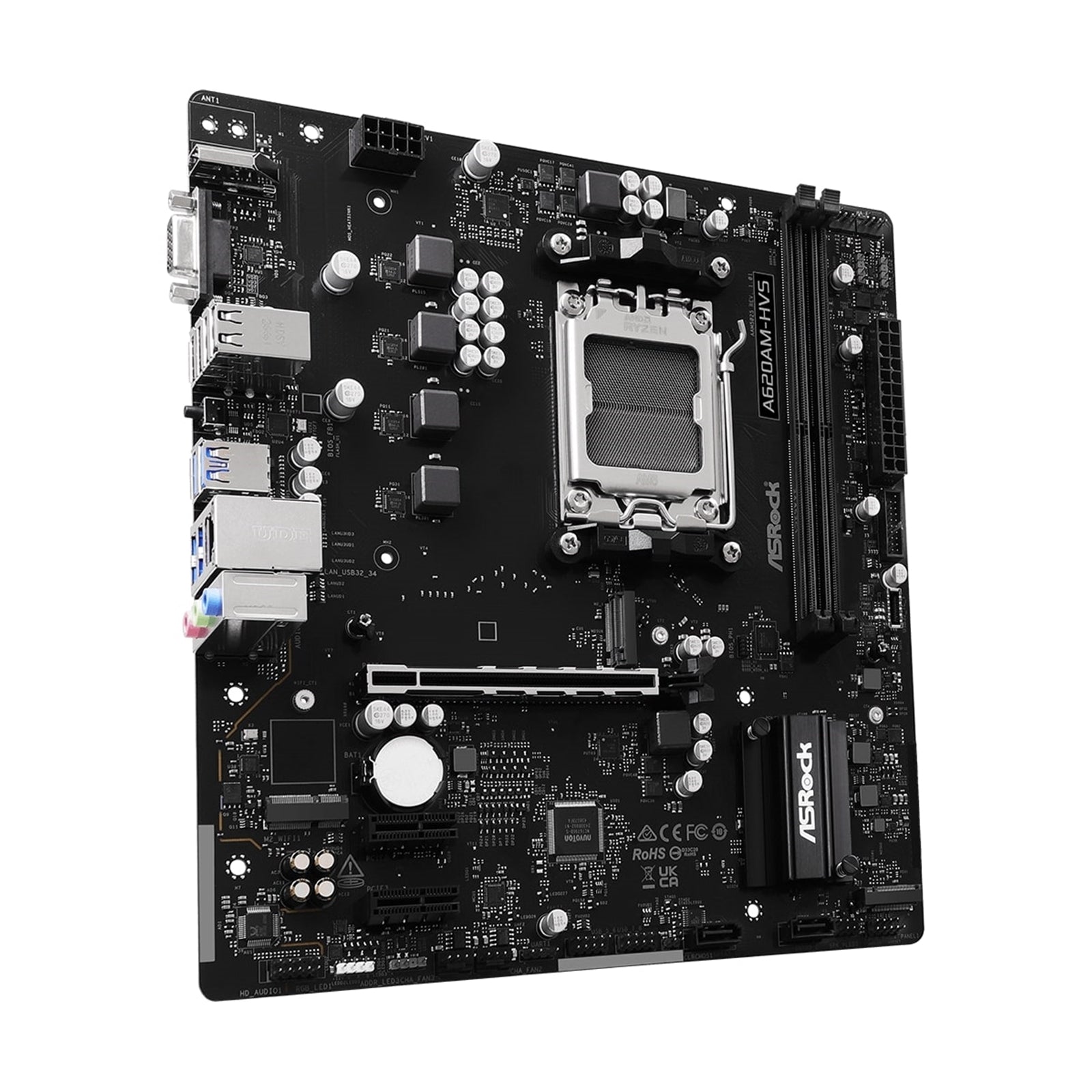 ASRock A620AM-HVS AMD AM5 Socket Motherboard, Micro-ATX, 2x DDR5 Slots, 1x M.2 Socket, GbE LAN, 1x D-Sub / 1x HDMI Port