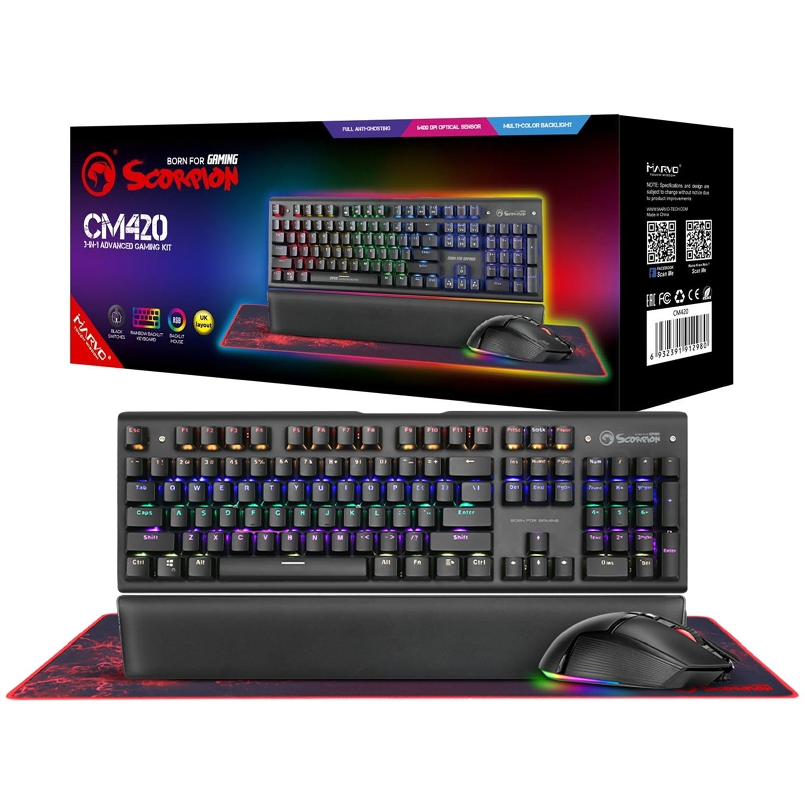 Marvo Scorpion CM420-UK RGB Mechanical Keyboard, Mouse and Mouse Pad with HG9086W Bluetooth and Wired Tri-Mode Connection RGB Stereo Gaming Headphones