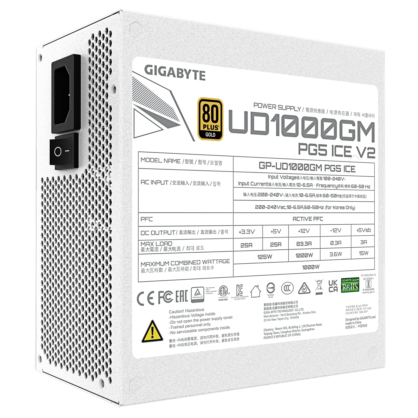 GIGABYTE UD1000GM PG5 1000W PSU V2, ICE, PCIe Gen 5.1, 80 PLUS Gold, Fully Modular Design, 120mm Fan, ATX 3.1 compatible, UK Plug