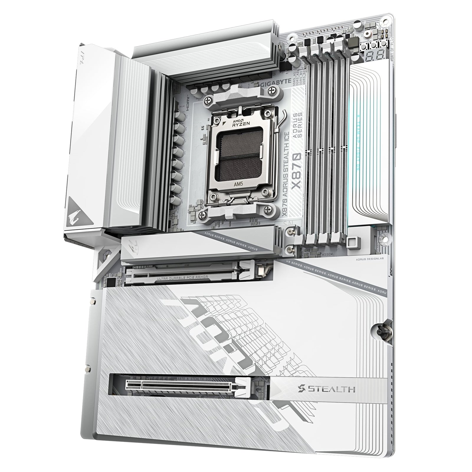 Gigabyte X870 AORUS STEALTH ICE AMD5 Socket Motherboard, ATX, 4x DDR5 Slots, 2x M.2 Socket, 5GbE LAN,  1x HDMI Port