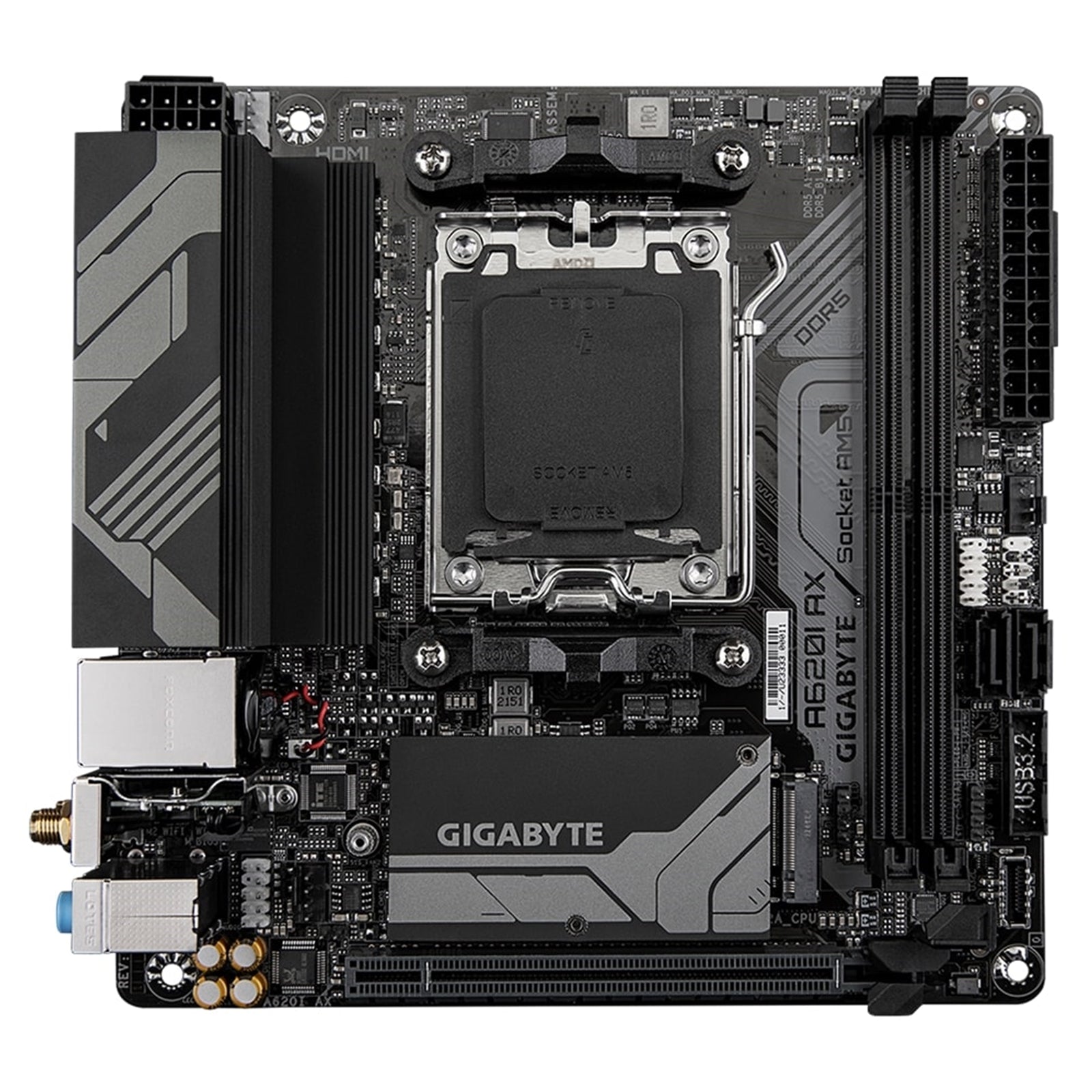 Gigabyte A620I AX (rev. 1.0) AMD5 Socket Motherboard, Mini-ITX, 2x DDR5 Slots, 1x M.2 Socket, 2.5GbE LAN,  1 x Display/1x HDMI Port