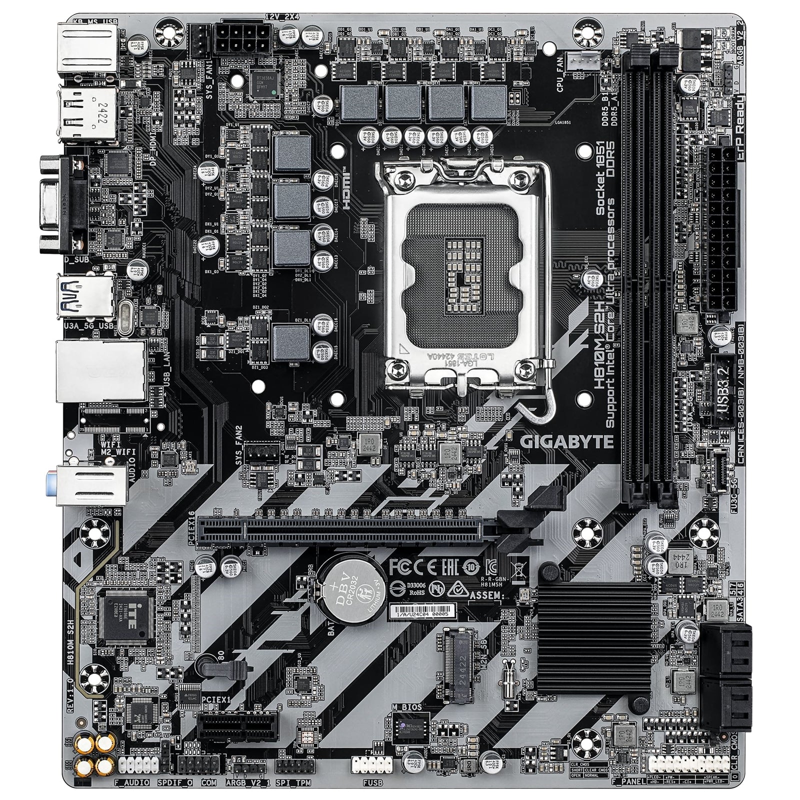 Gigabyte H810M S2H Intel 1851 Socket Motherboard, Micro-ATX, 2x DDR5 Slots, 1x M.2 Socket, GbE LAN, 1x D-Sub / 1x DisplayPort / 1x HDMI Port