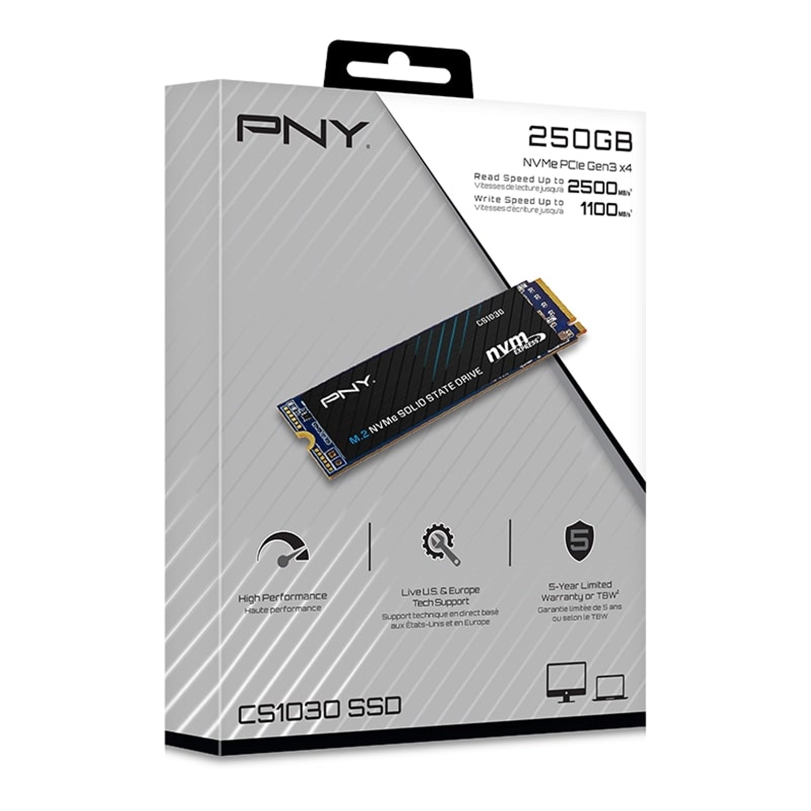 PNY CS1030 (M280CS1030-250-RB) 250GB SSD, PCIe Gen3 x4 Interface,Max Read 2500MB/s, MaxWrite 1100MB/s, 5 Year Limited Warranty