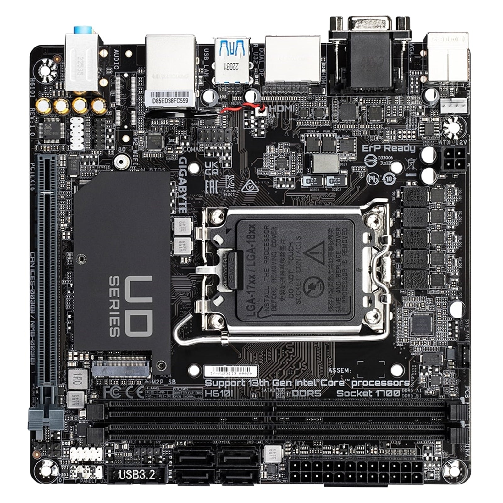 Gigabyte H610I Intel 1700 Socket Motherboard, Mini-ITX, 2x DDR5 Slots, 1x M.2 Socket, GbE LAN, 1x D-Sub / 2x DisplayPort / 1x HDMI Port