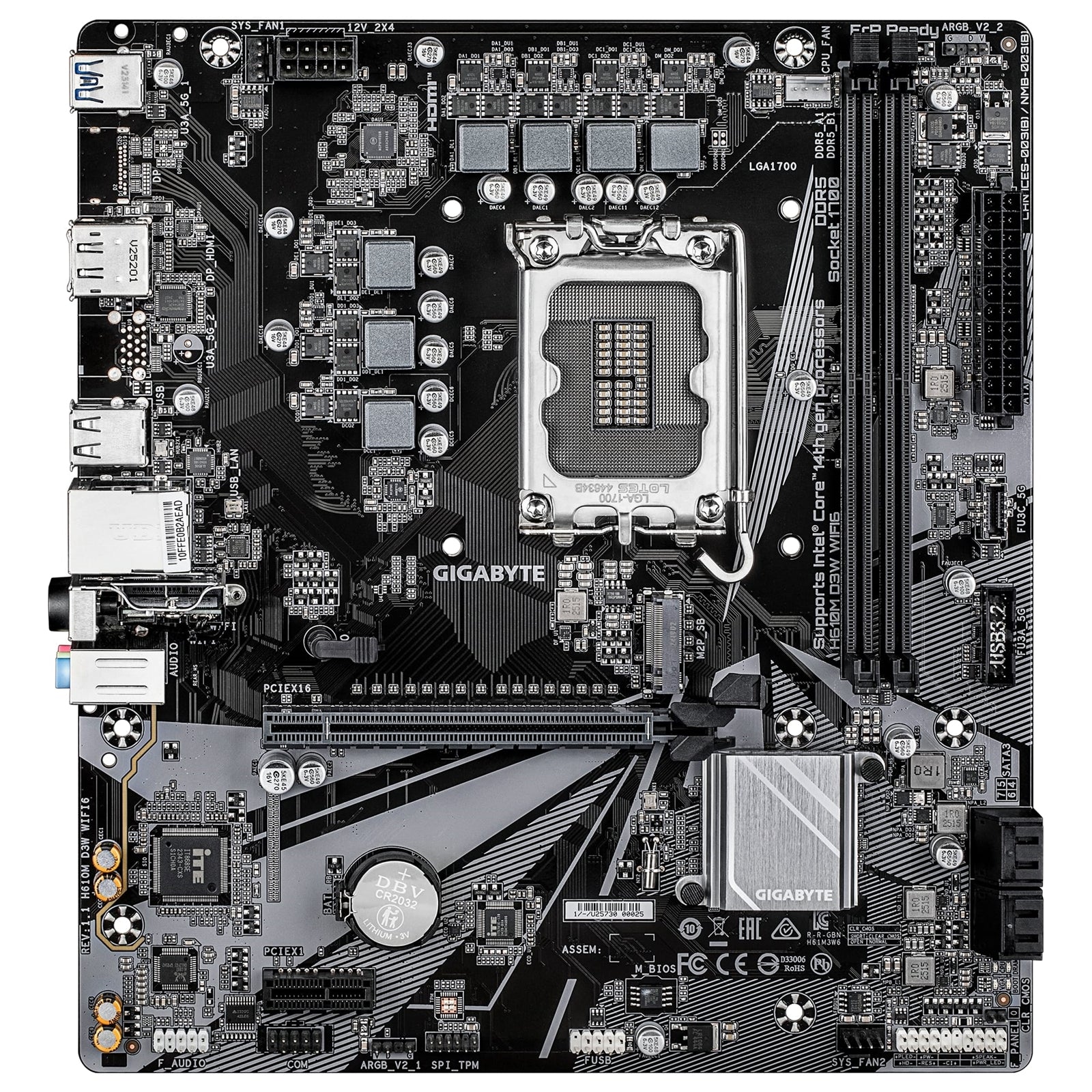 Gigabyte H610M D3W WIFI6 (Rev. 1.1) Intel 1700 Socket Motherboard, Micro-ATX, 2x DDR5 Slots, 1x M.2 Socket, GbE LAN, WiFi 6, 1x DisplayPort / 1x HDMI Port