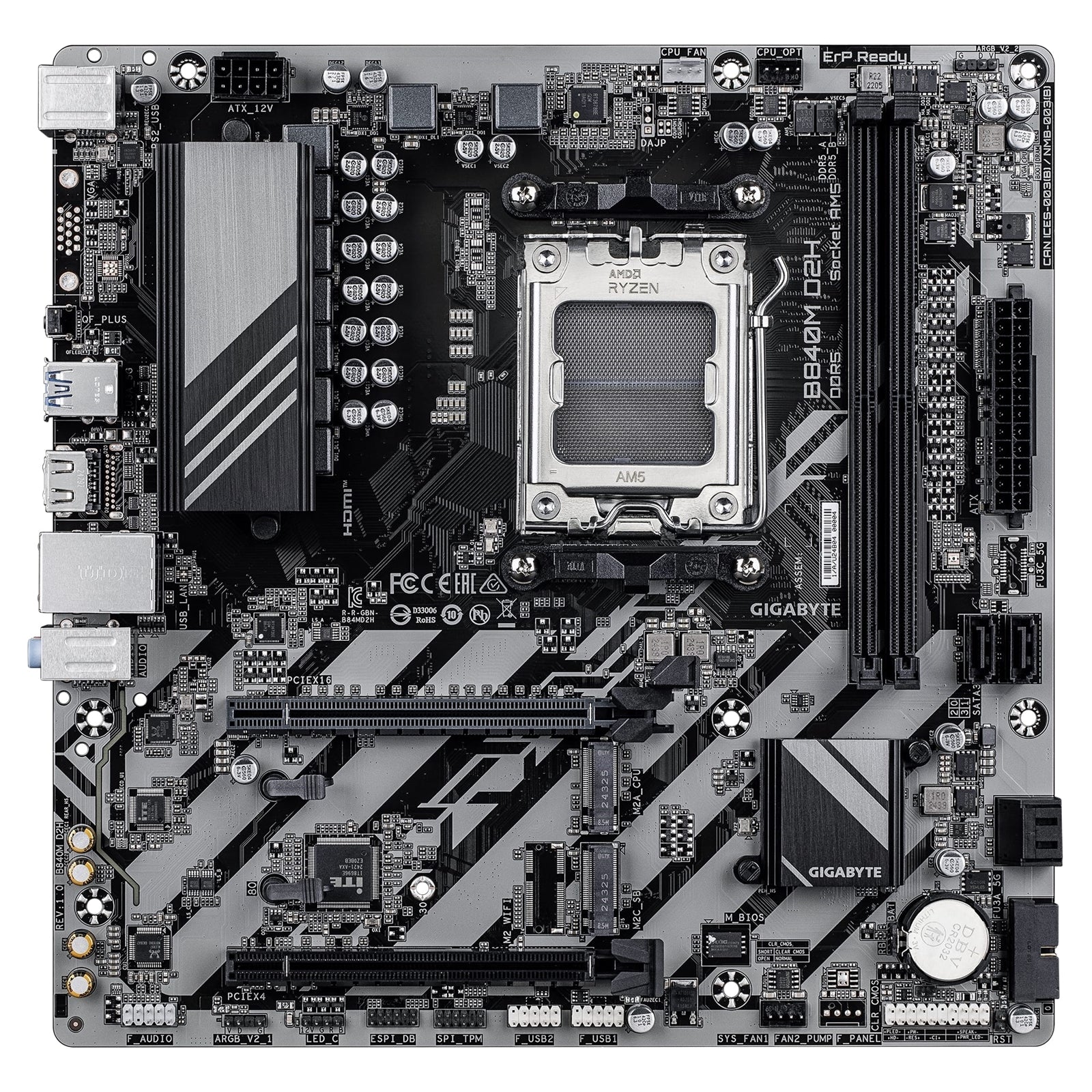 Gigabyte B840M D2H AMD AM5 Socket Motherboard, Micro-ATX, 2x DDR5 Slots, 2x M.2 Socket, 2.5GbE LAN, 1x HDMI Port
