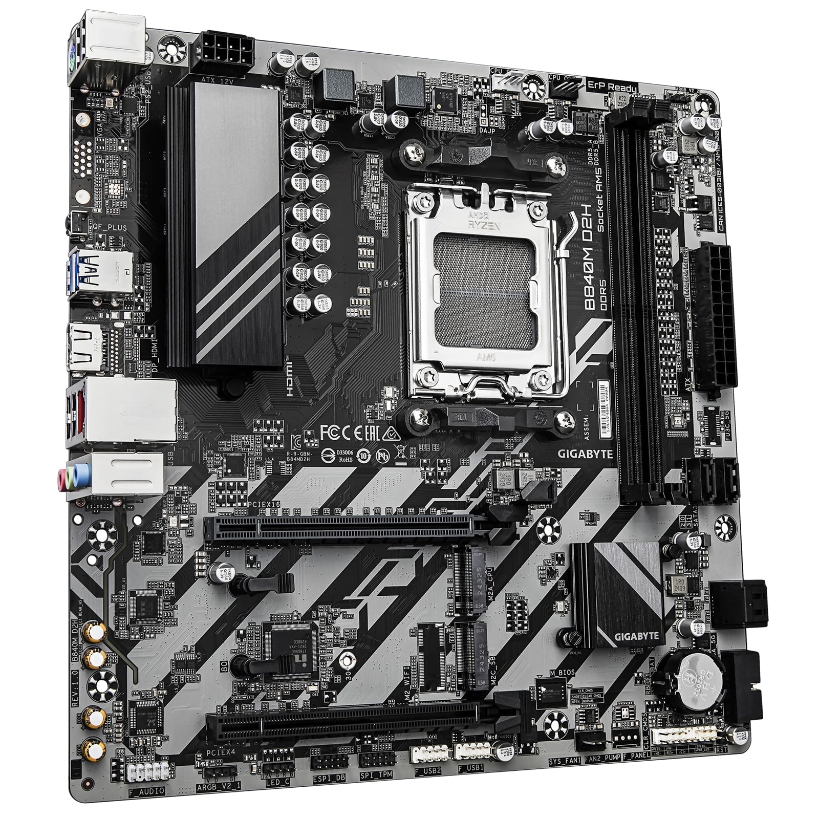 Gigabyte B840M D2H AMD AM5 Socket Motherboard, Micro-ATX, 2x DDR5 Slots, 2x M.2 Socket, 2.5GbE LAN, 1x HDMI Port