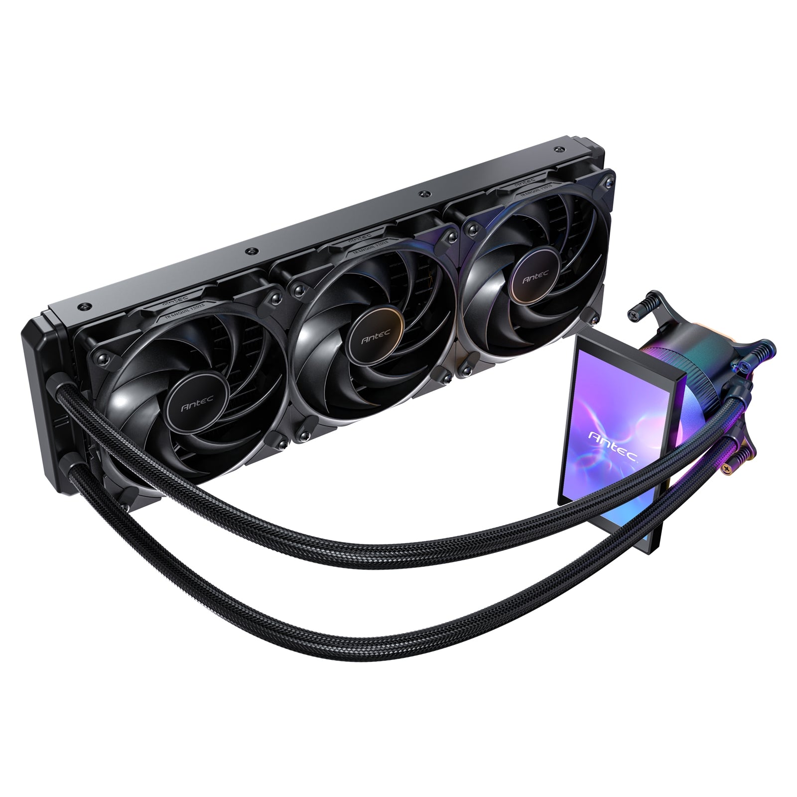 Antec Vortex View 360 Black AIO Liquid CPU Cooler, Massive 5-Inch Rotatable IPS LCD Display, 9th Gen Asetek Pump for 400W TDP, Triple 120mm PWM Fans,  ARGB Backglow