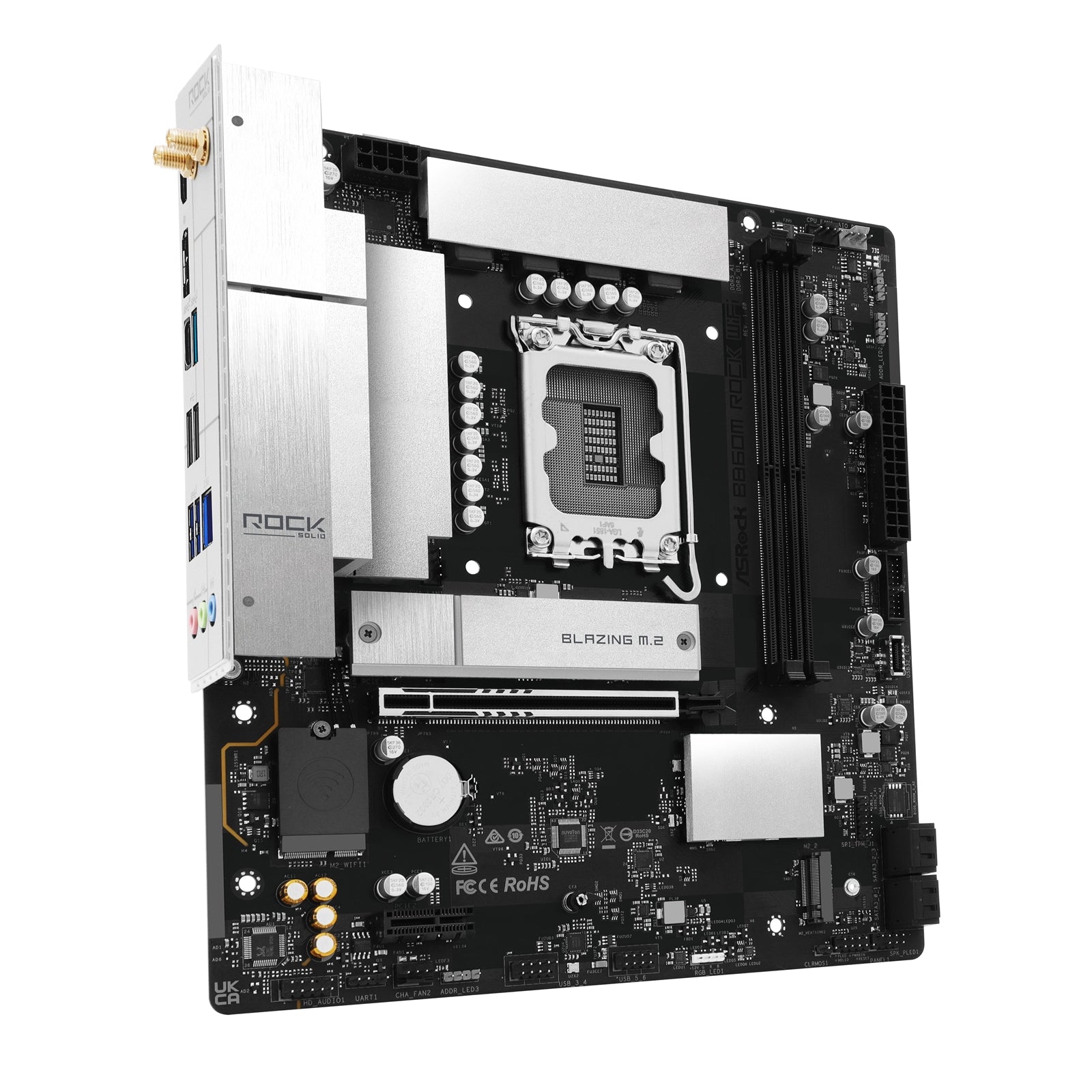 ASRock B860M Rock WiFi Intel motherboard with Micro-ATX form factor, dual DDR5 slots, M.2 sockets, Wi-Fi 6E, LAN, DisplayPort, HDMI