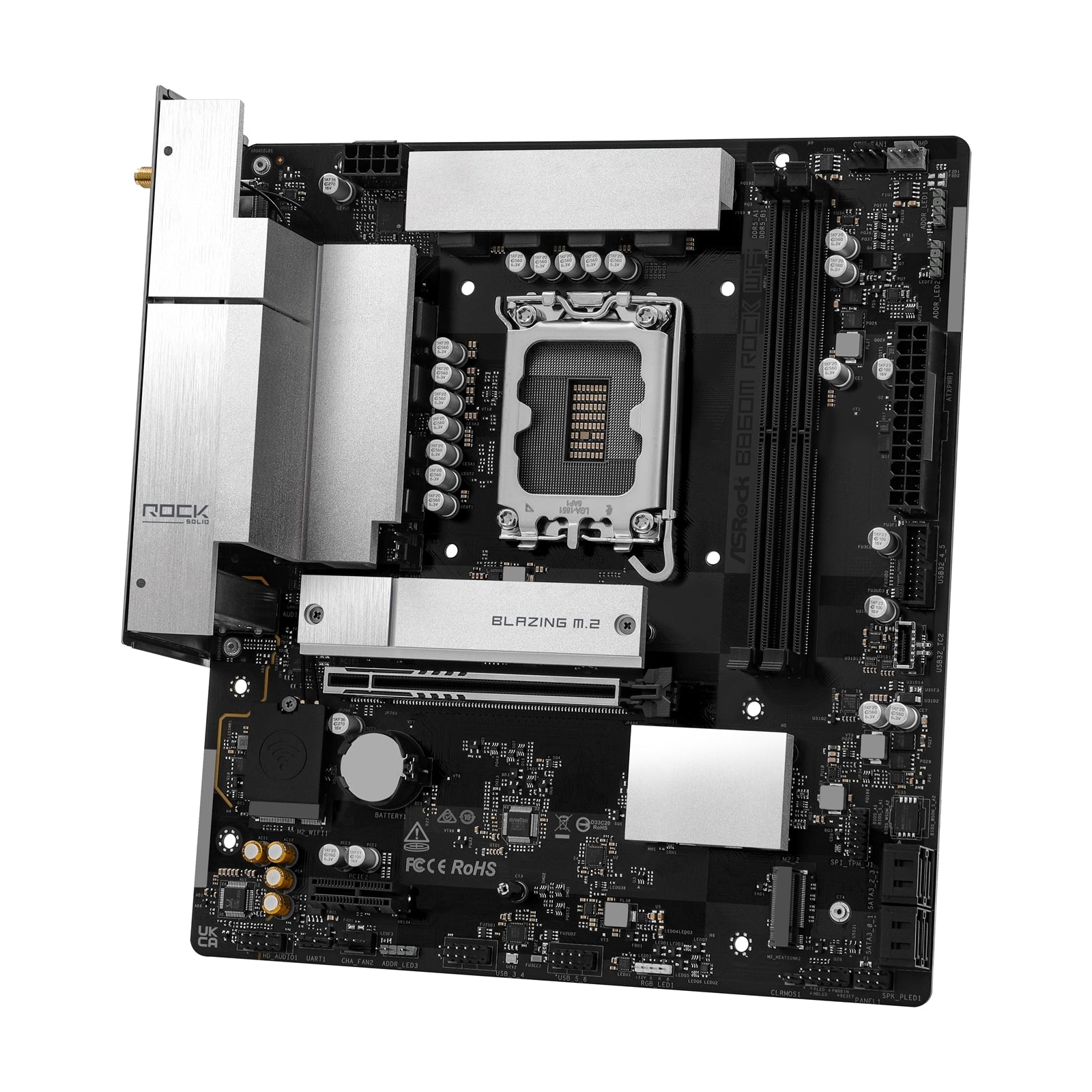 ASRock B860M Rock WiFi Intel motherboard with Micro-ATX form factor, DDR5 slots, M.2 sockets, Wi-Fi 6E, 2.5GbE LAN, DisplayPort, HDMI