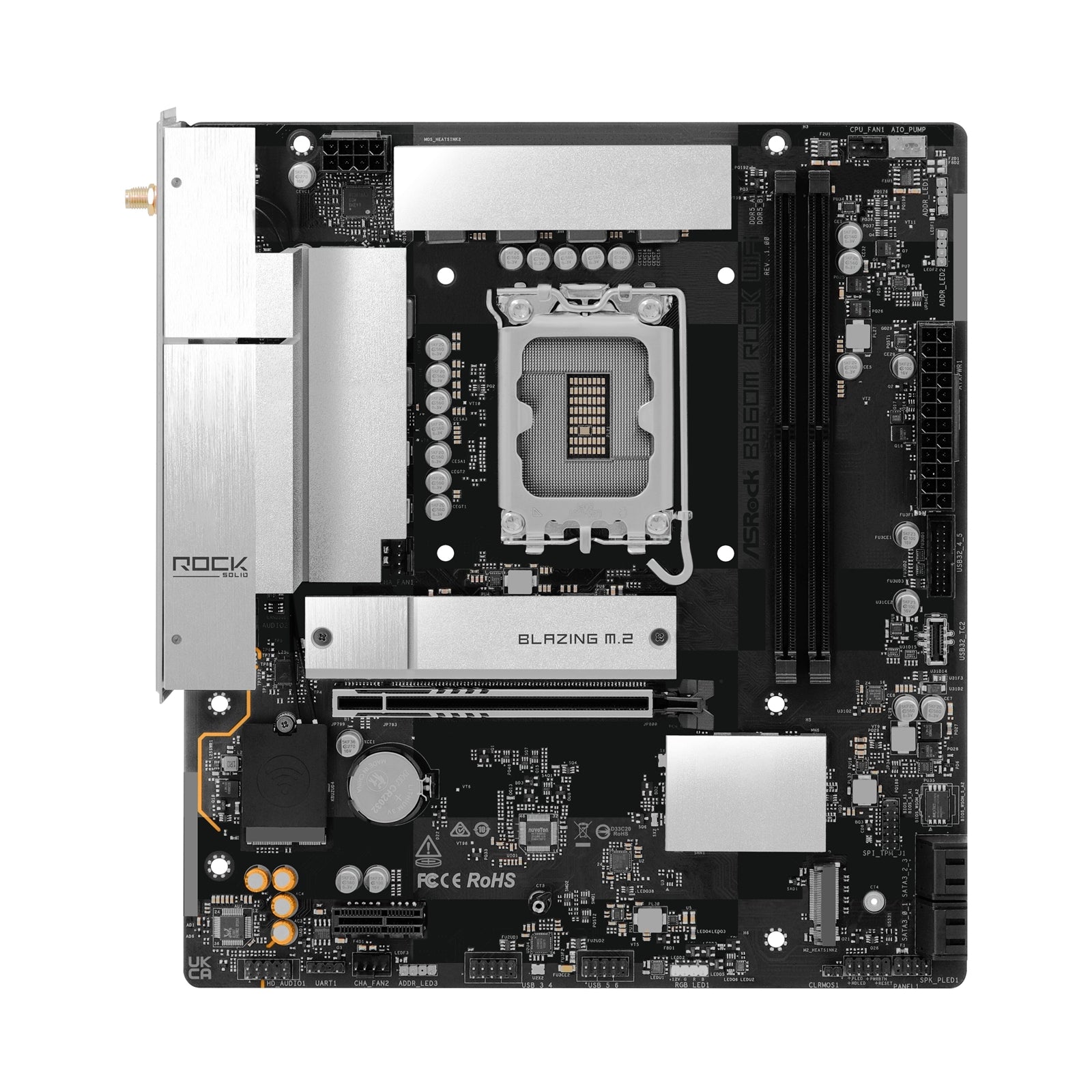 ASRock B860M Rock WiFi Intel 1851 socket micro-ATX motherboard with DDR5 slots, M.2, Wi-Fi 6E, and I/O shield.