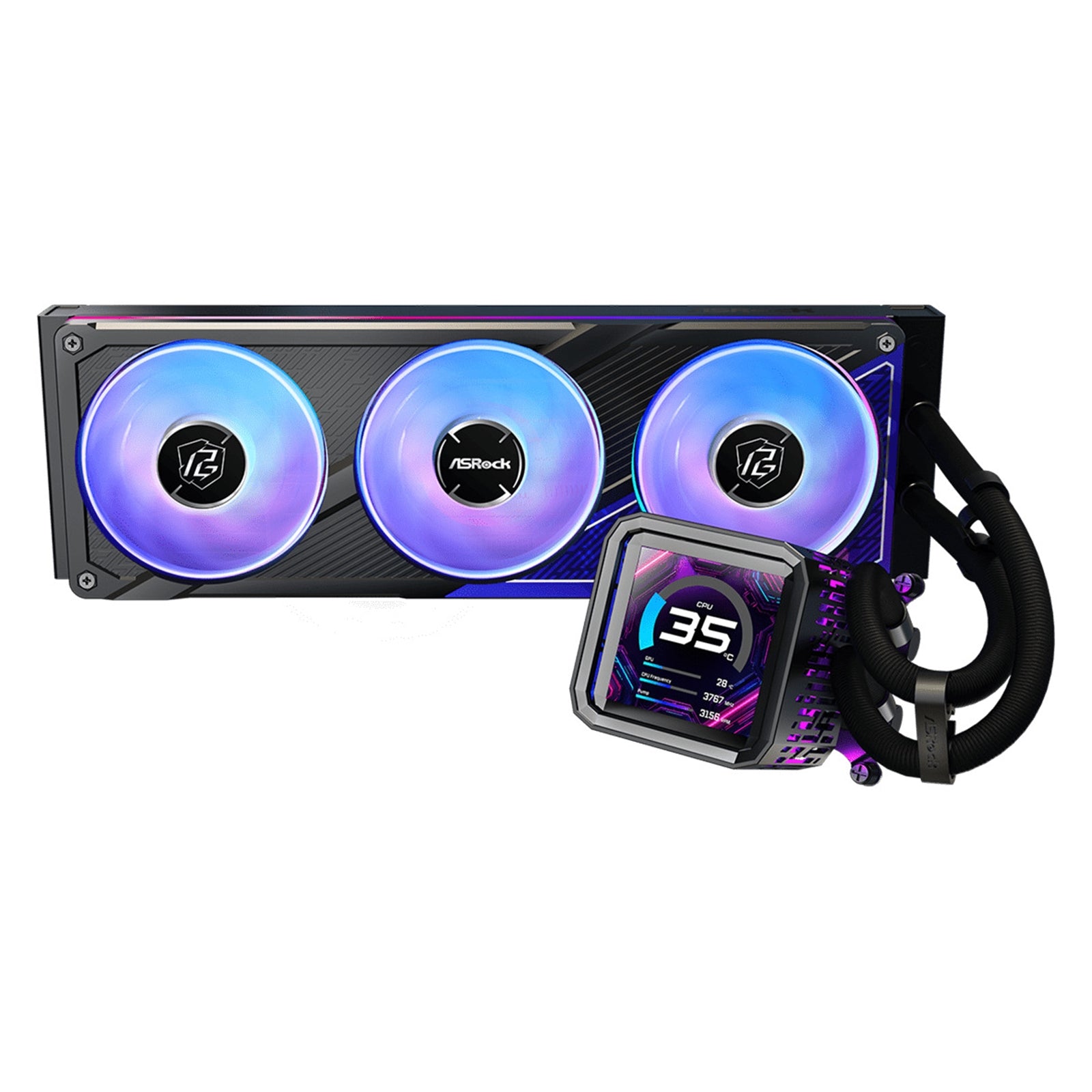 ASRock Phantom Gaming 360 LCD AIO Liquid CPU Cooler, 360mm Radiator, Triple 120mm PWM ARGB Fans, LCD Display, Intel LGA1700/1851 & AMD AM5/AM4 Compatible