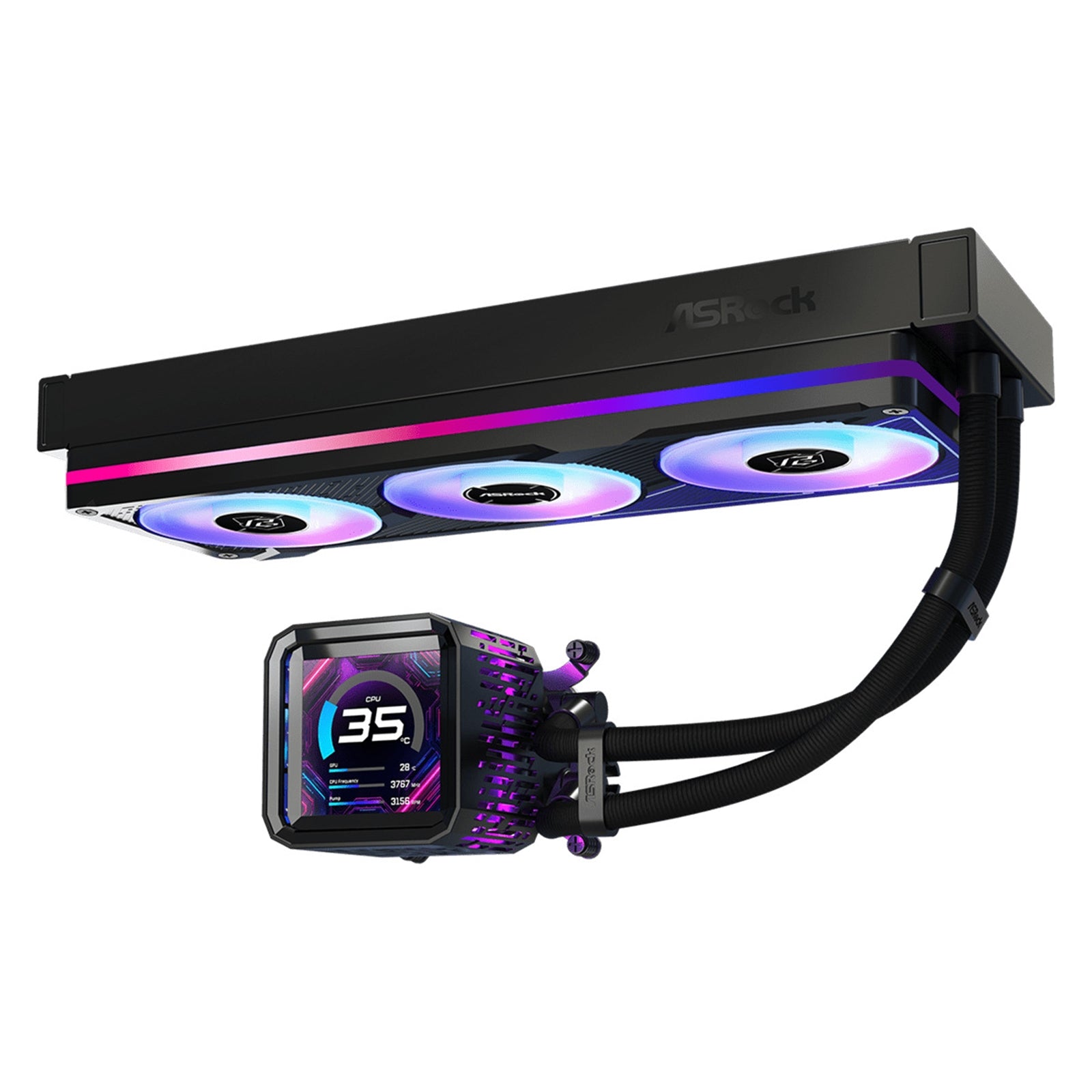 ASRock Phantom Gaming 360 LCD AIO Liquid CPU Cooler, 360mm Radiator, Triple 120mm PWM ARGB Fans, LCD Display, Intel LGA1700/1851 & AMD AM5/AM4 Compatible