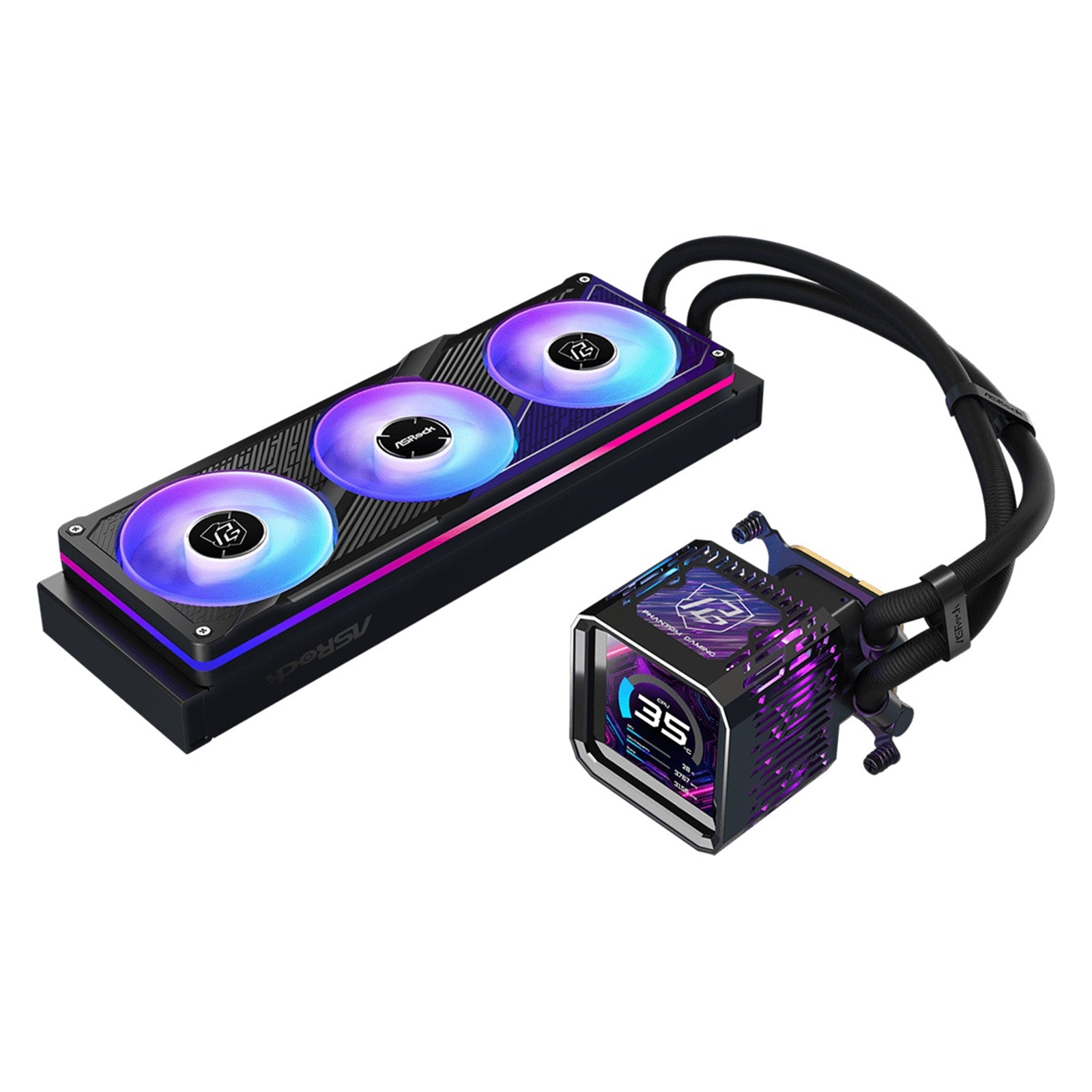 ASRock Phantom Gaming 360 LCD AIO Liquid CPU Cooler, 360mm Radiator, Triple 120mm PWM ARGB Fans, LCD Display, Intel LGA1700/1851 & AMD AM5/AM4 Compatible