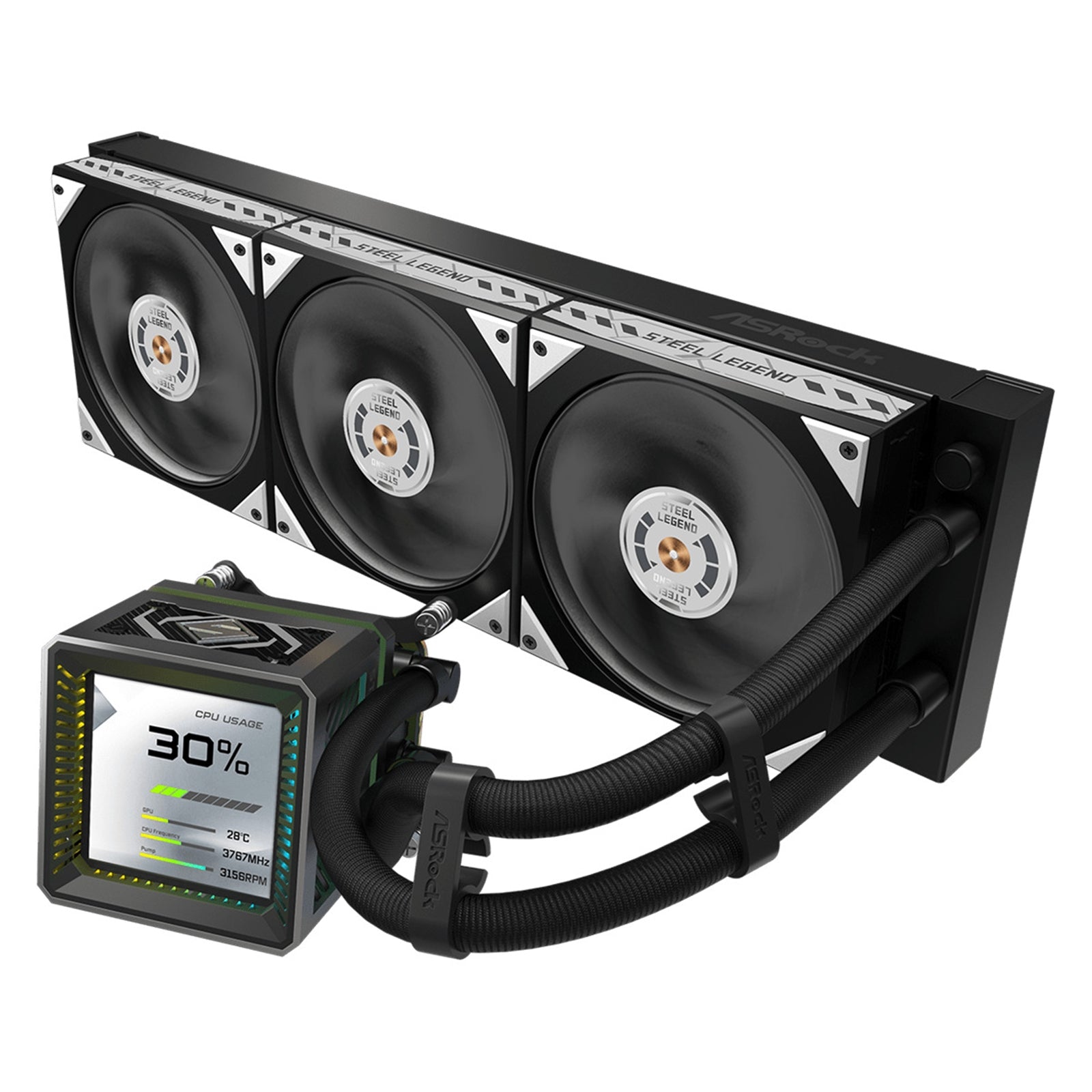 ASRock Steel Legend Dark 360 LCD AIO Liquid CPU Cooler, 360mm Radiator, Triple 120mm PWM ARGB Fans, LCD Display, Intel LGA1700/1851 & AMD AM5/AM4 Compatible
