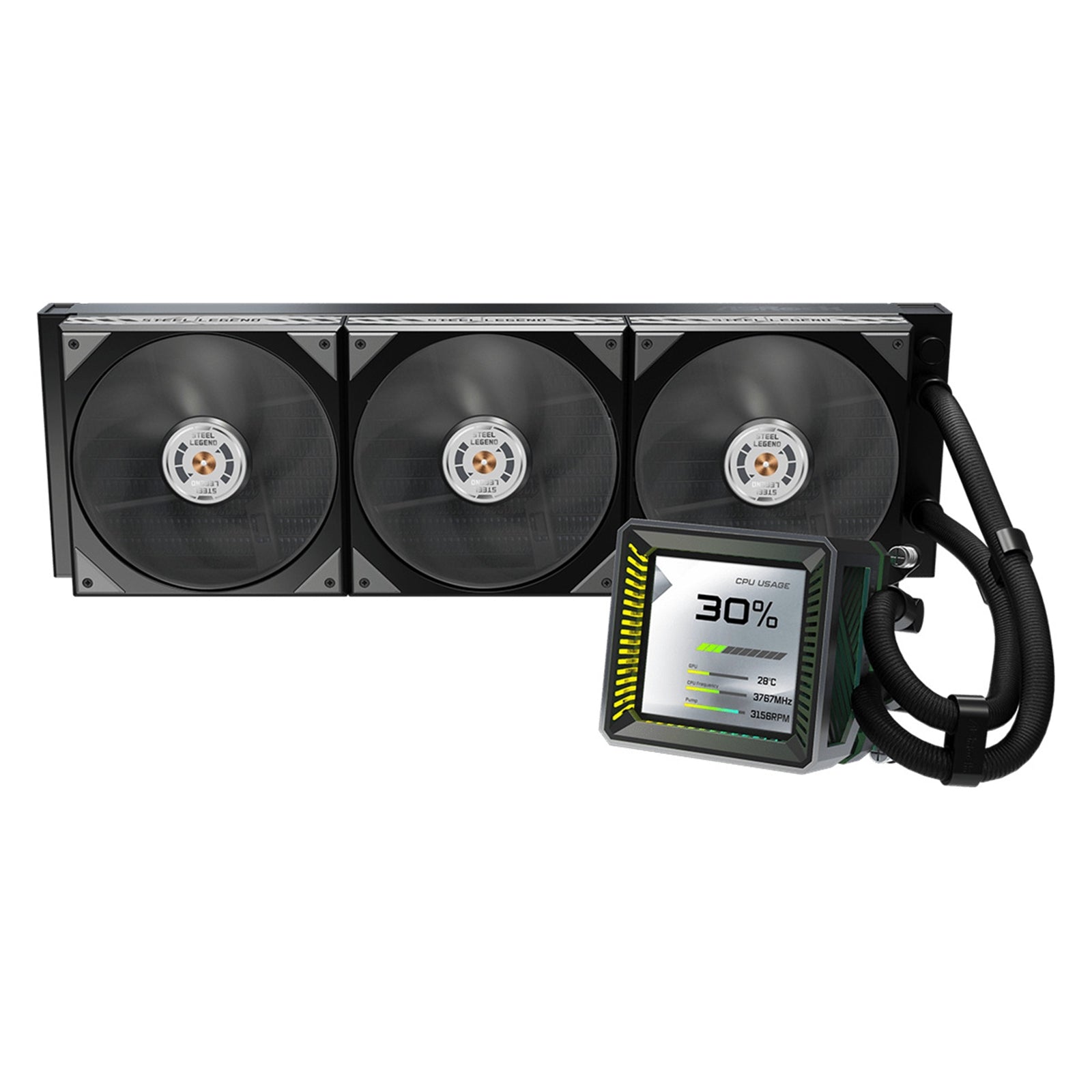 ASRock Steel Legend Dark 360 LCD AIO Liquid CPU Cooler, 360mm Radiator, Triple 120mm PWM ARGB Fans, LCD Display, Intel LGA1700/1851 & AMD AM5/AM4 Compatible