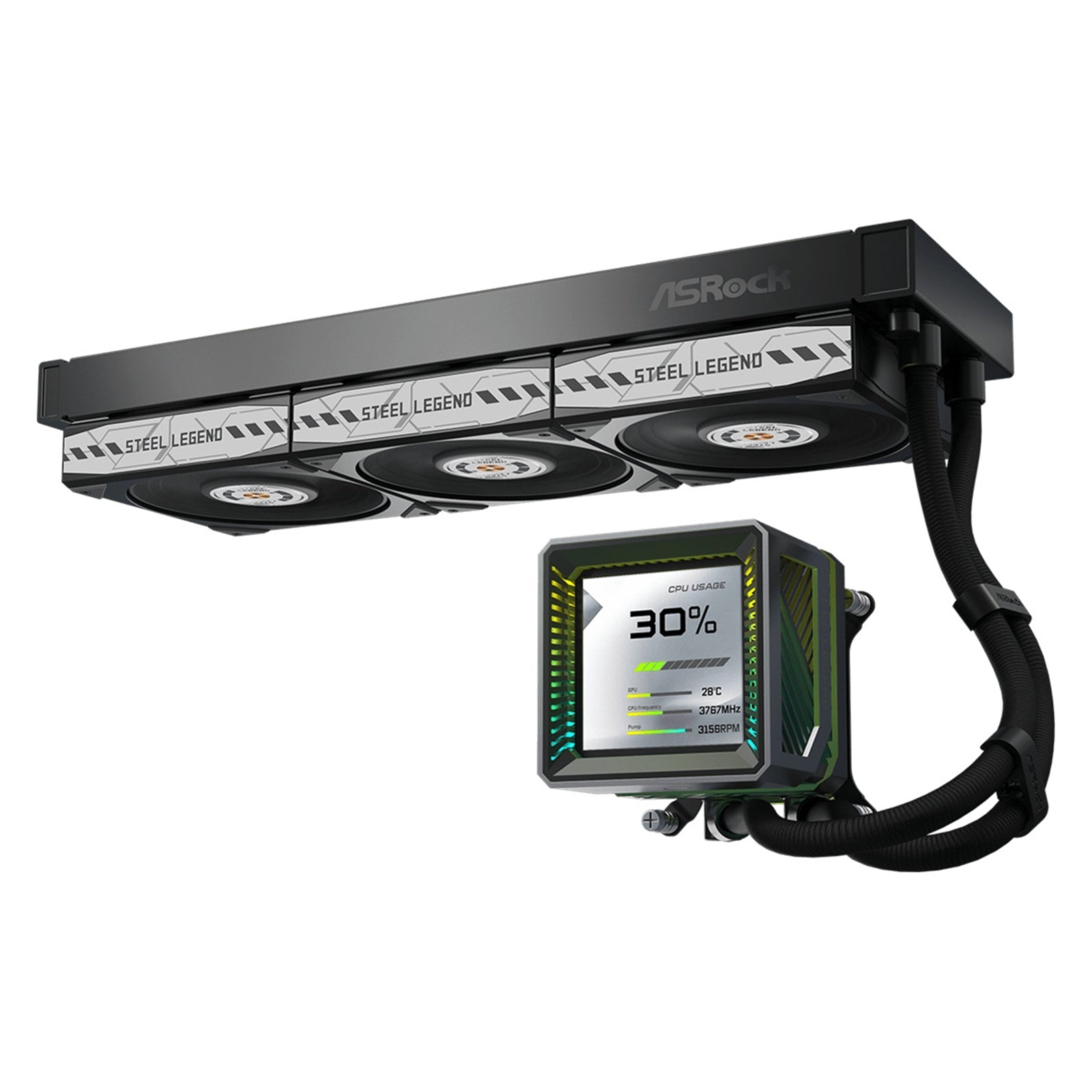 ASRock Steel Legend Dark 360 LCD AIO Liquid CPU Cooler, 360mm Radiator, Triple 120mm PWM ARGB Fans, LCD Display, Intel LGA1700/1851 & AMD AM5/AM4 Compatible