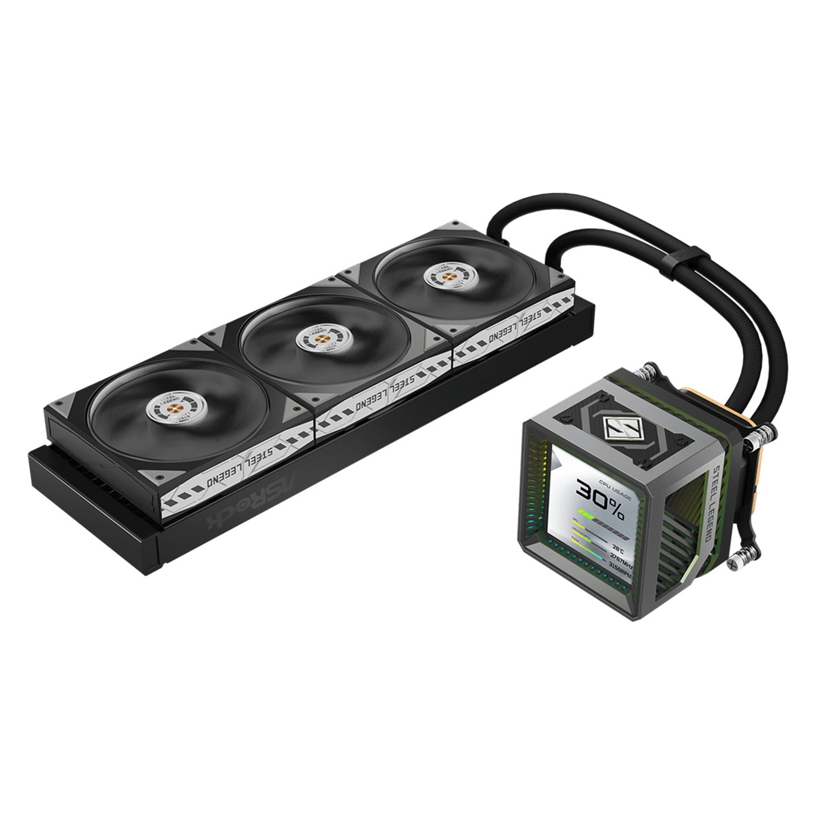 ASRock Steel Legend Dark 360 LCD AIO Liquid CPU Cooler, 360mm Radiator, Triple 120mm PWM ARGB Fans, LCD Display, Intel LGA1700/1851 & AMD AM5/AM4 Compatible