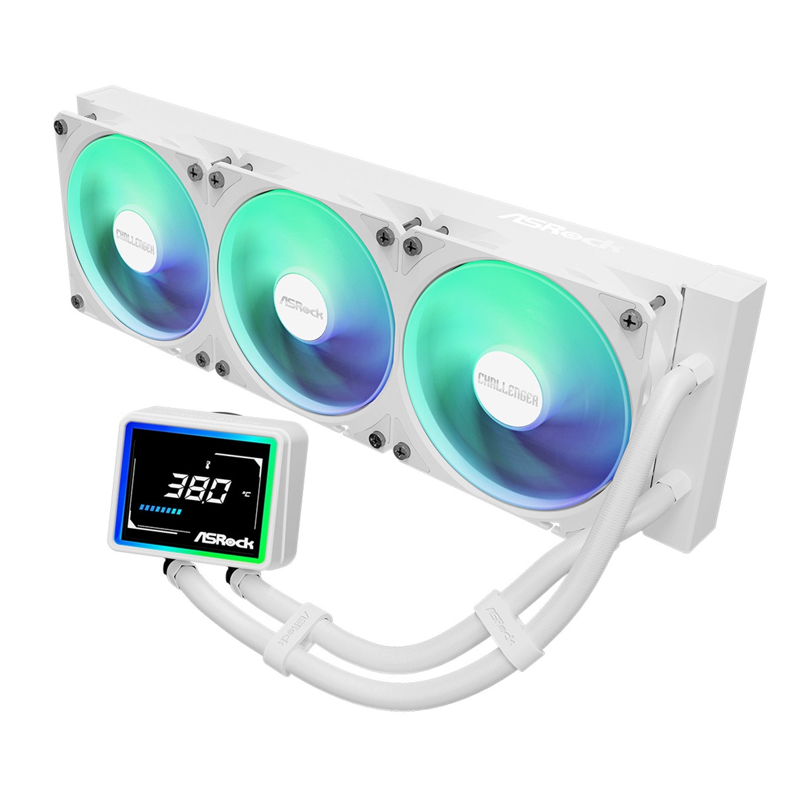 ASRock Challenger 360 Digital White AIO Liquid CPU Cooler, 360mm Radiator, Triple 120mm PWM ARGB Fans, 3? Digital Display, Intel LGA1700/1851 & AMD AM5/AM4 Compatible