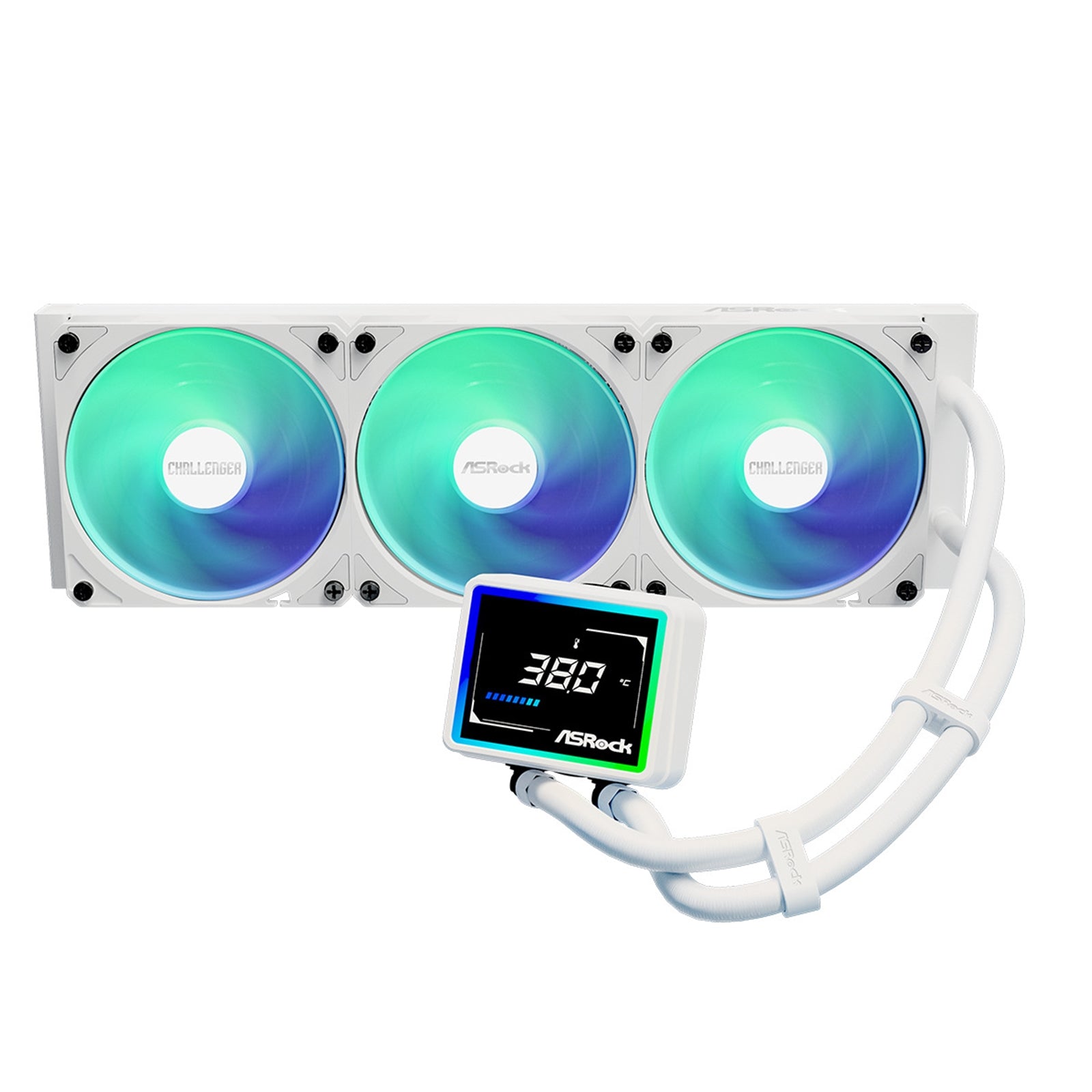 ASRock Challenger 360 Digital White AIO Liquid CPU Cooler, 360mm Radiator, Triple 120mm PWM ARGB Fans, 3? Digital Display, Intel LGA1700/1851 & AMD AM5/AM4 Compatible