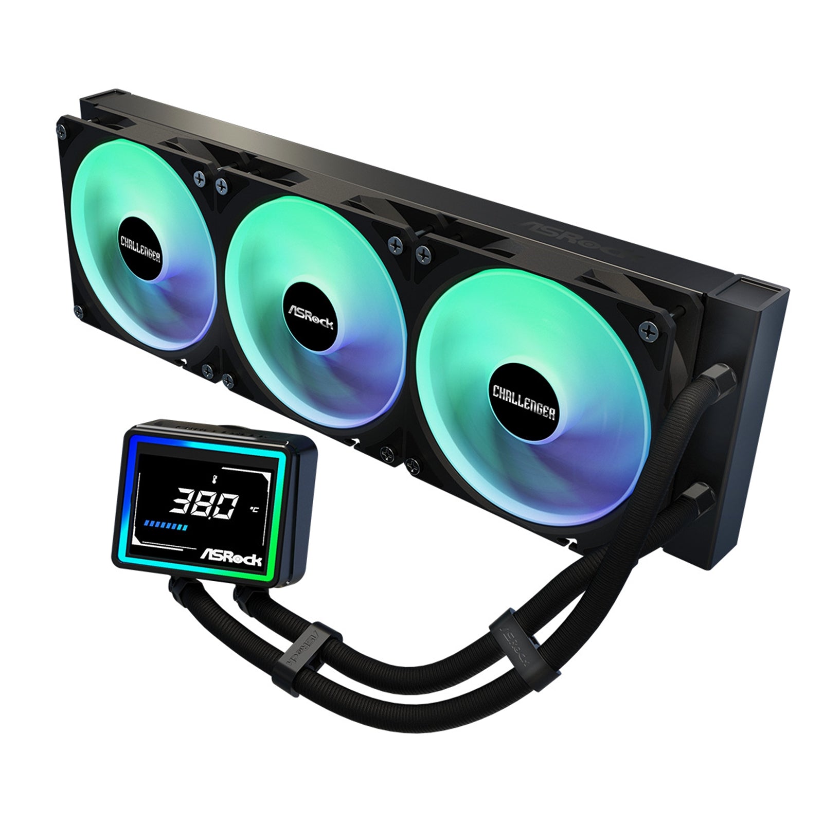 ASRock Challenger 360 Digital AIO Liquid CPU Cooler, 360mm Radiator, Triple 120mm PWM ARGB Fans, 3? Digital Display, Intel LGA1700/1851 & AMD AM5/AM4 Compatible