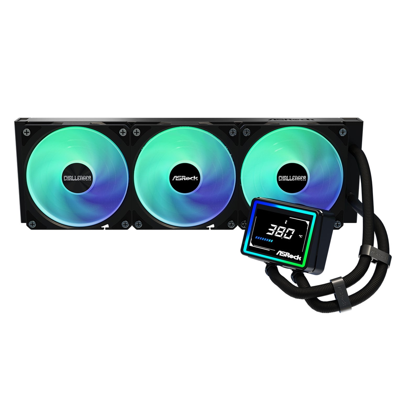 ASRock Challenger 360 Digital AIO Liquid CPU Cooler, 360mm Radiator, Triple 120mm PWM ARGB Fans, 3? Digital Display, Intel LGA1700/1851 & AMD AM5/AM4 Compatible