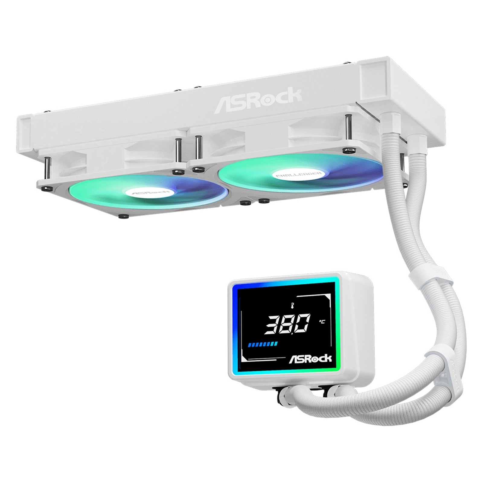 ASRock Challenger 240 Digital AIO Liquid CPU Cooler, 240mm Radiator,White, Dual 120mm PWM ARGB Fans, 3" Digital Display, Intel LGA1700/1851 & AMD AM5/AM4 Compatible