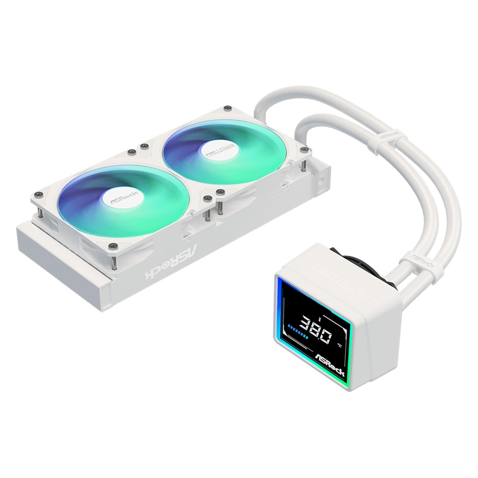 ASRock Challenger 240 Digital AIO Liquid CPU Cooler, 240mm Radiator,White, Dual 120mm PWM ARGB Fans, 3" Digital Display, Intel LGA1700/1851 & AMD AM5/AM4 Compatible