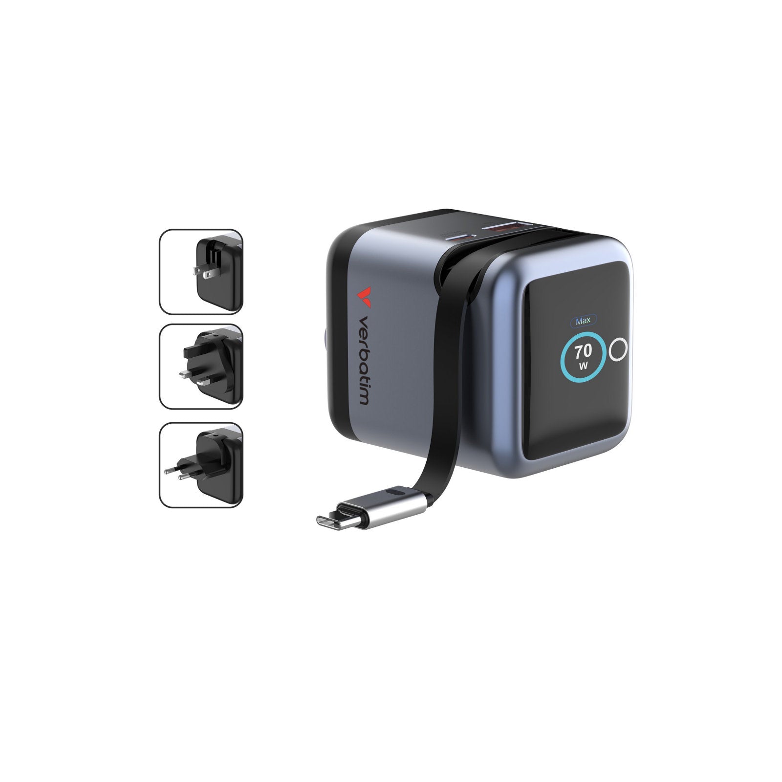 Verbatim Mini GaN Charger 70W Retractable USB-C Cable & Display, USB-C Port, USB-A Port